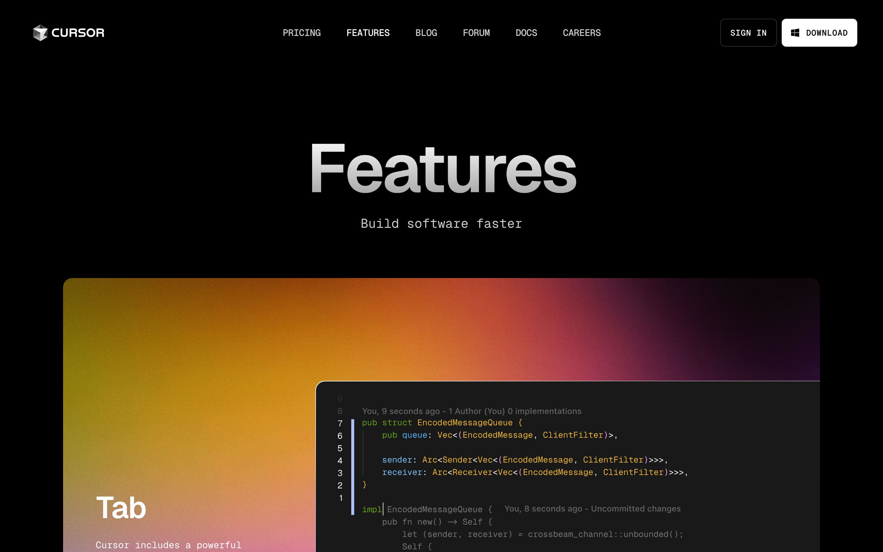 cursor features interface, desktop dark fold screenshot