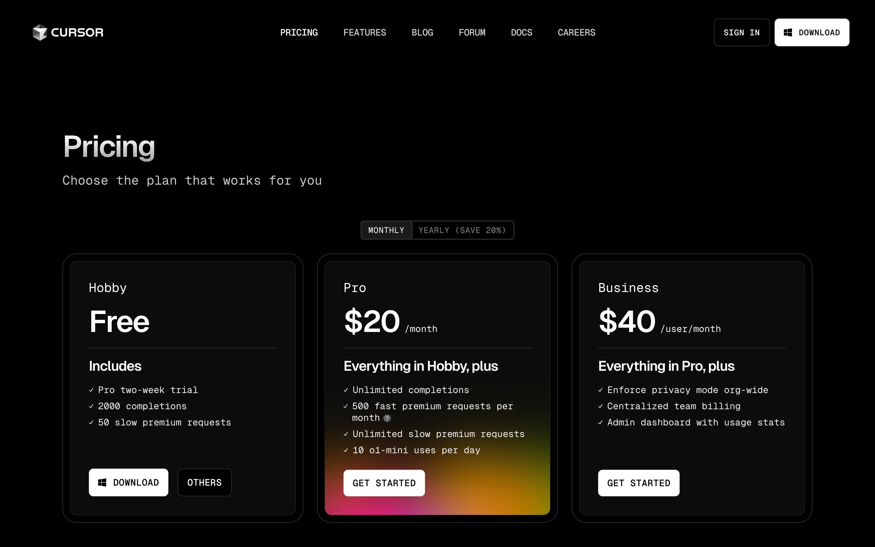 cursor pricing interface, desktop dark fold screenshot