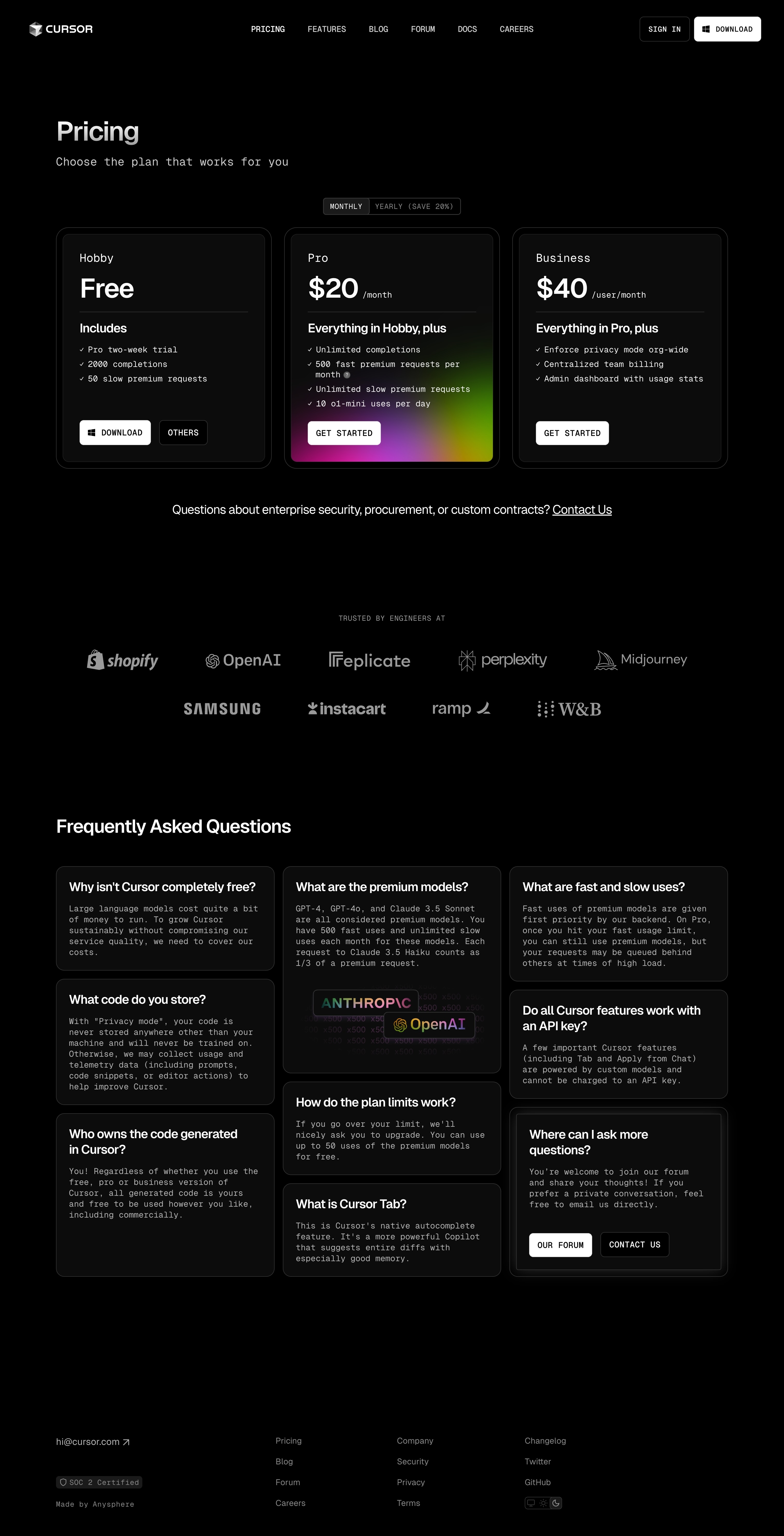 cursor pricing interface, desktop dark full screenshot