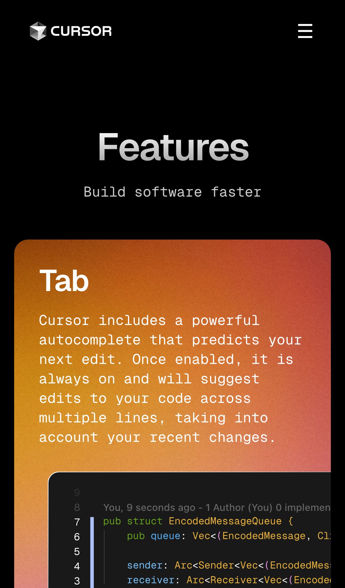 cursor features interface, mobile light fold screenshot