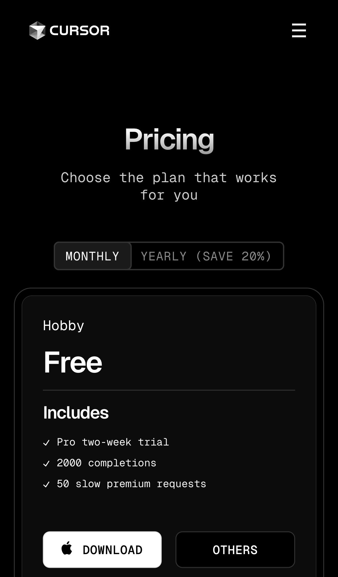 cursor pricing interface, mobile light fold screenshot