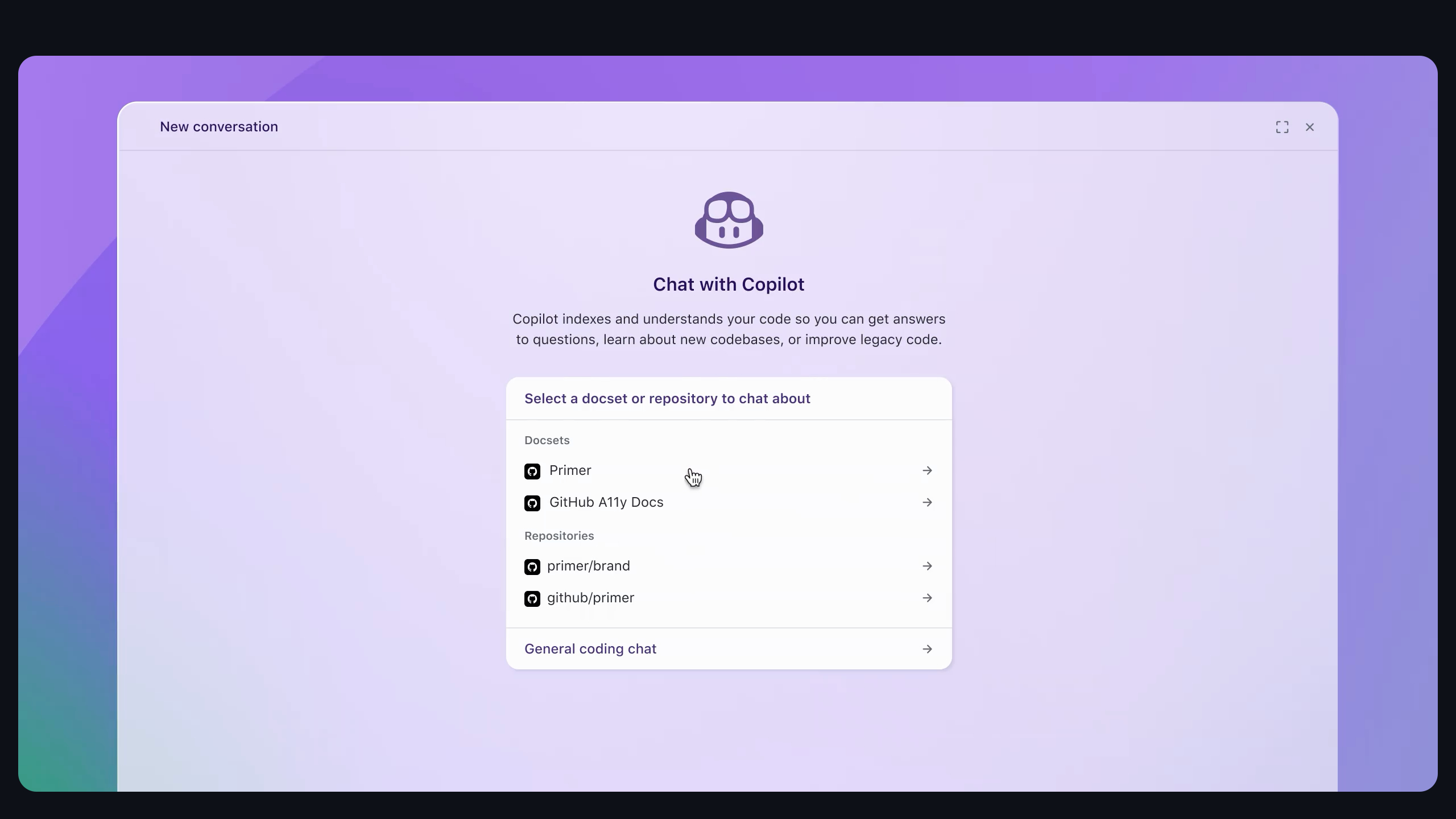 github copilot interface, desktop dark stack screenshot
