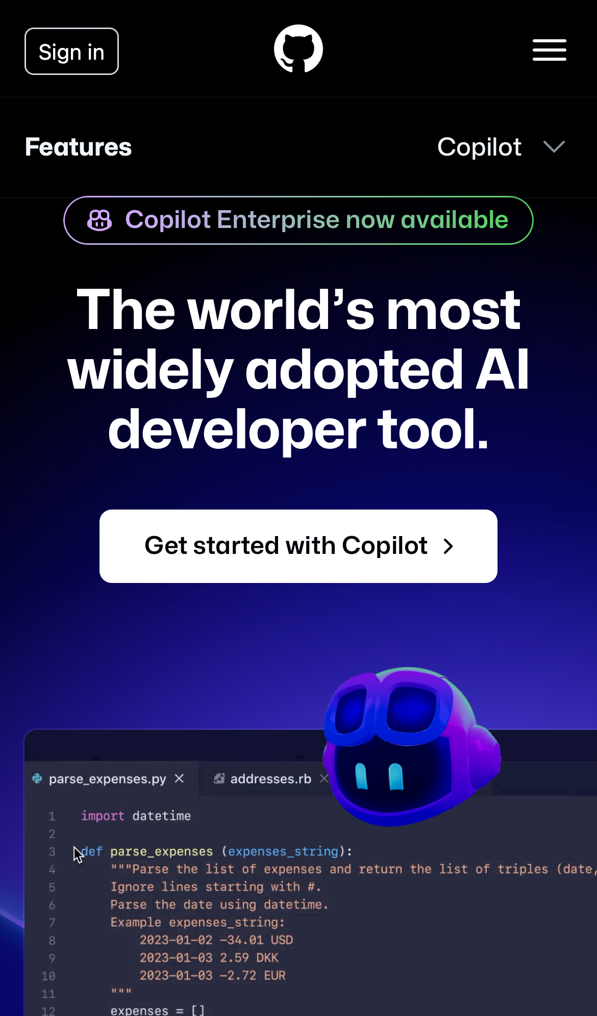 github copilot interface, mobile light stack screenshot