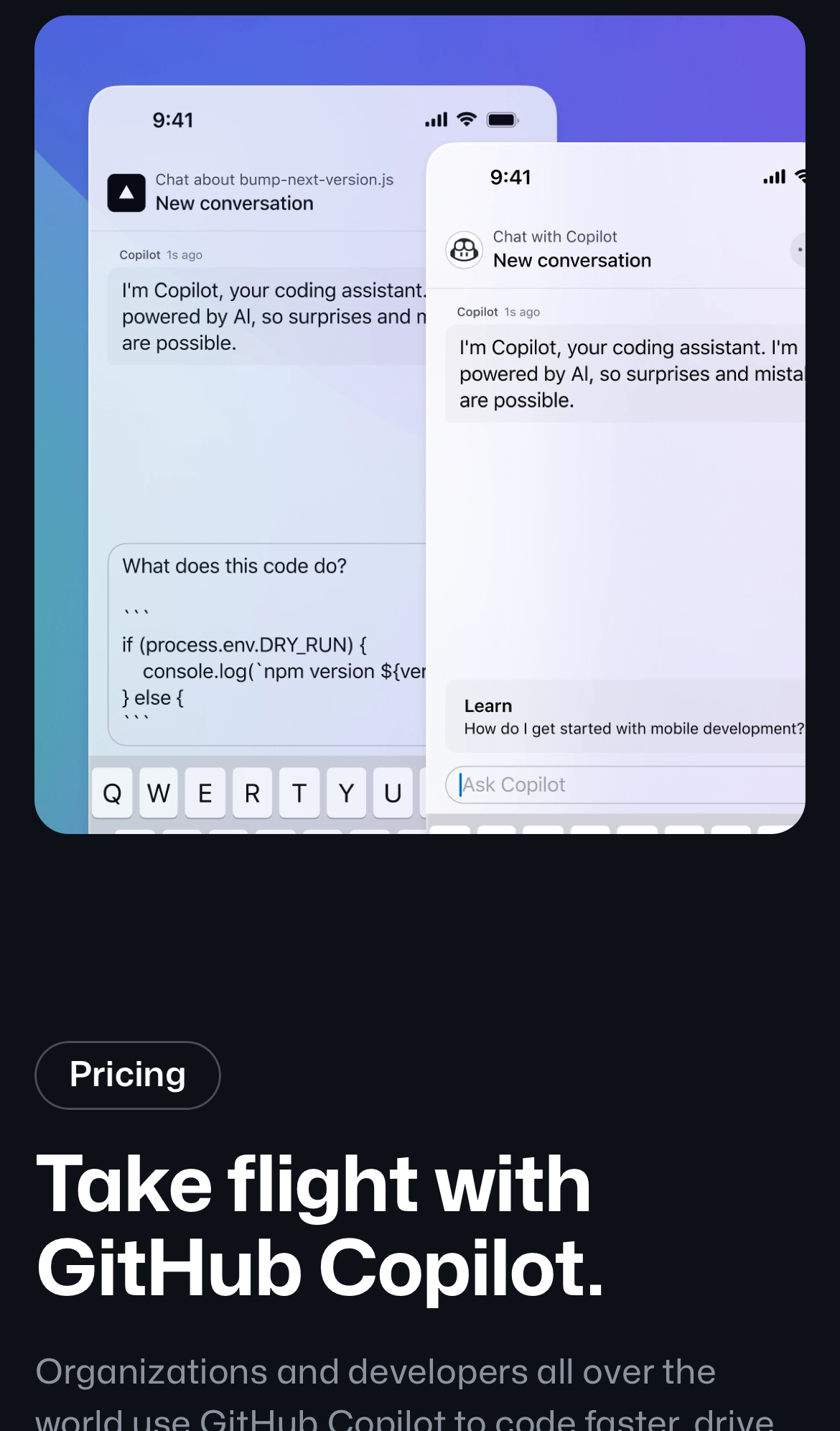 github copilot interface, mobile light stack screenshot