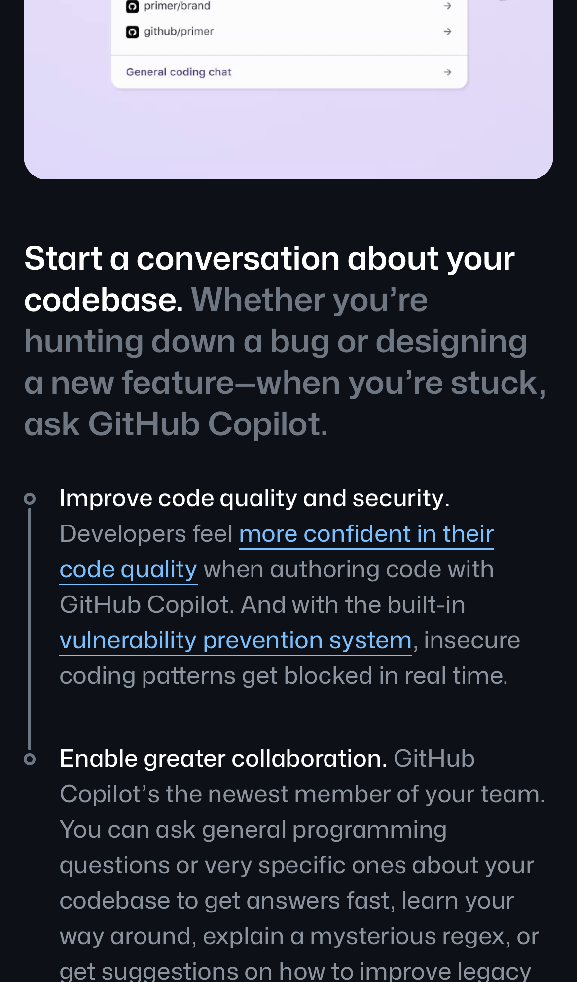 github copilot interface, mobile light stack screenshot