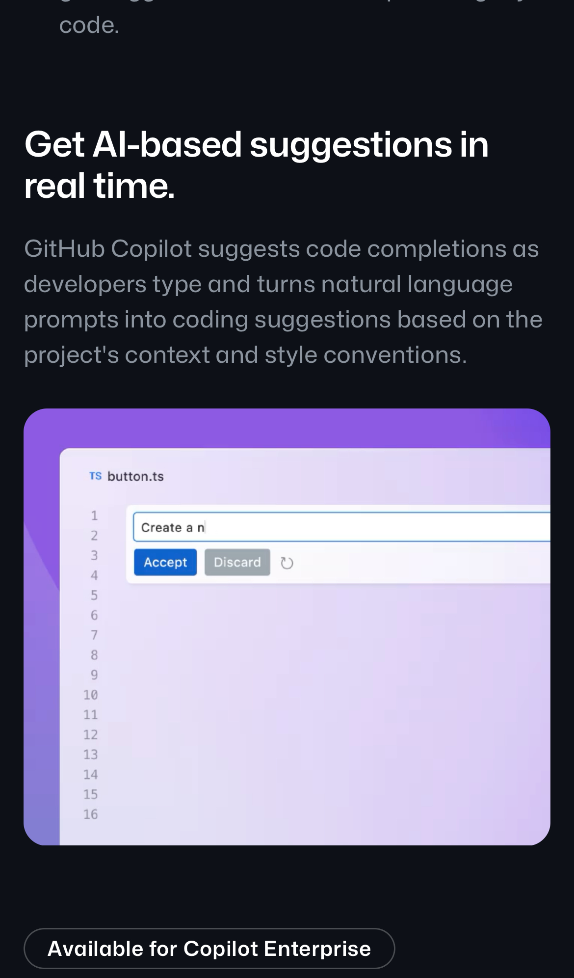 github copilot interface, mobile light stack screenshot