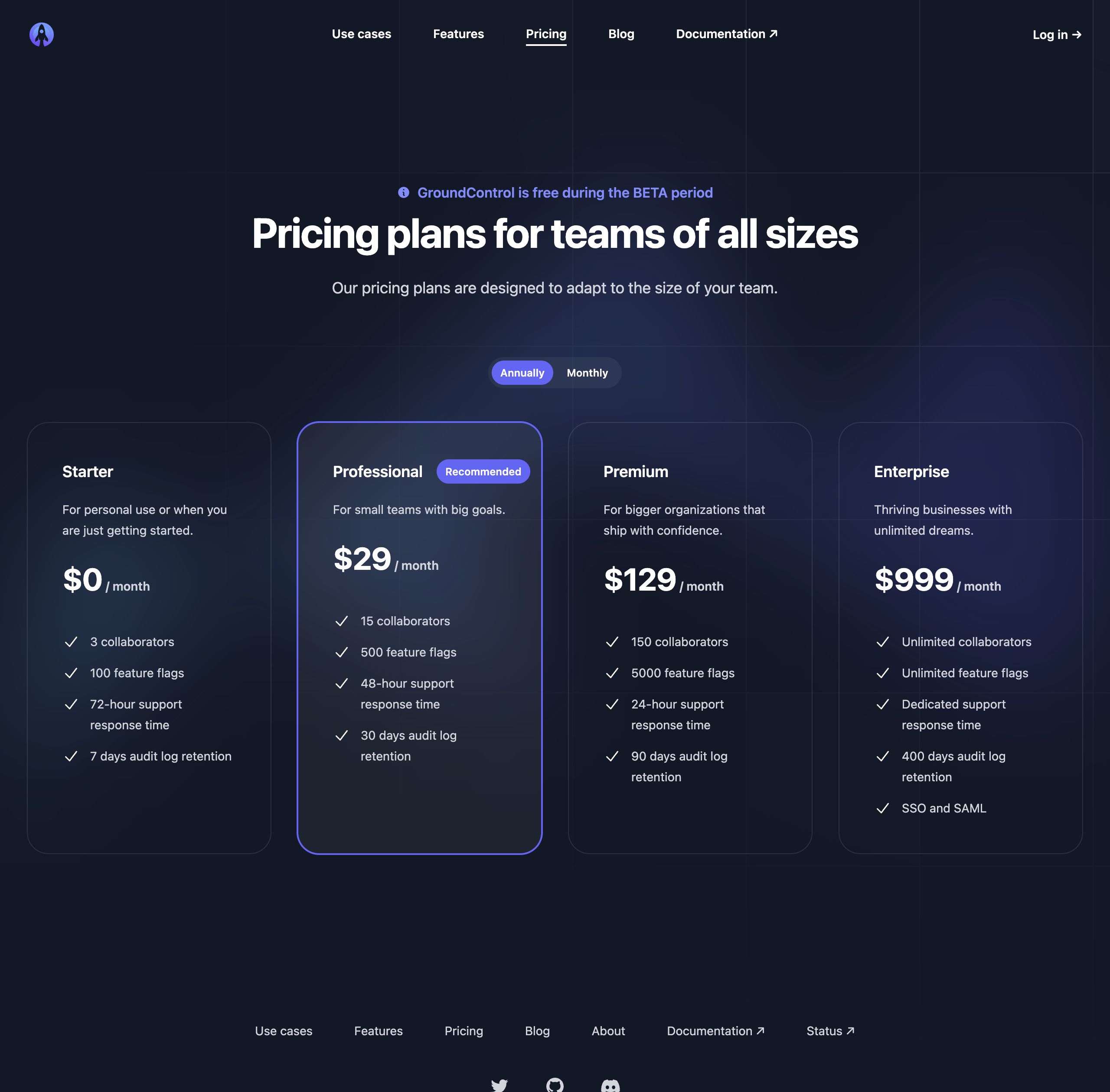 groundcontrol pricing interface, desktop dark big screenshot