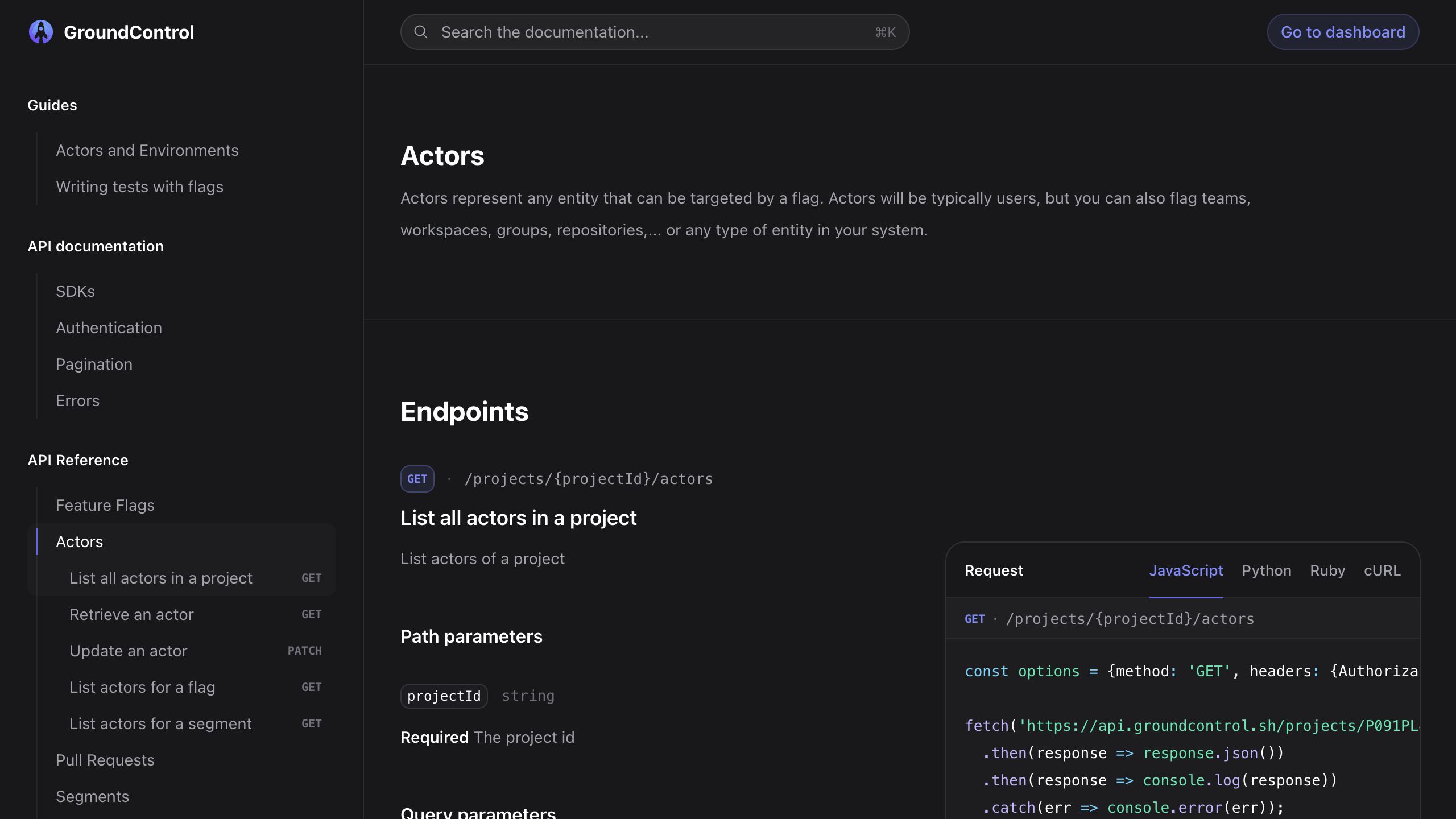groundcontrol docs actors interface, desktop dark fold screenshot
