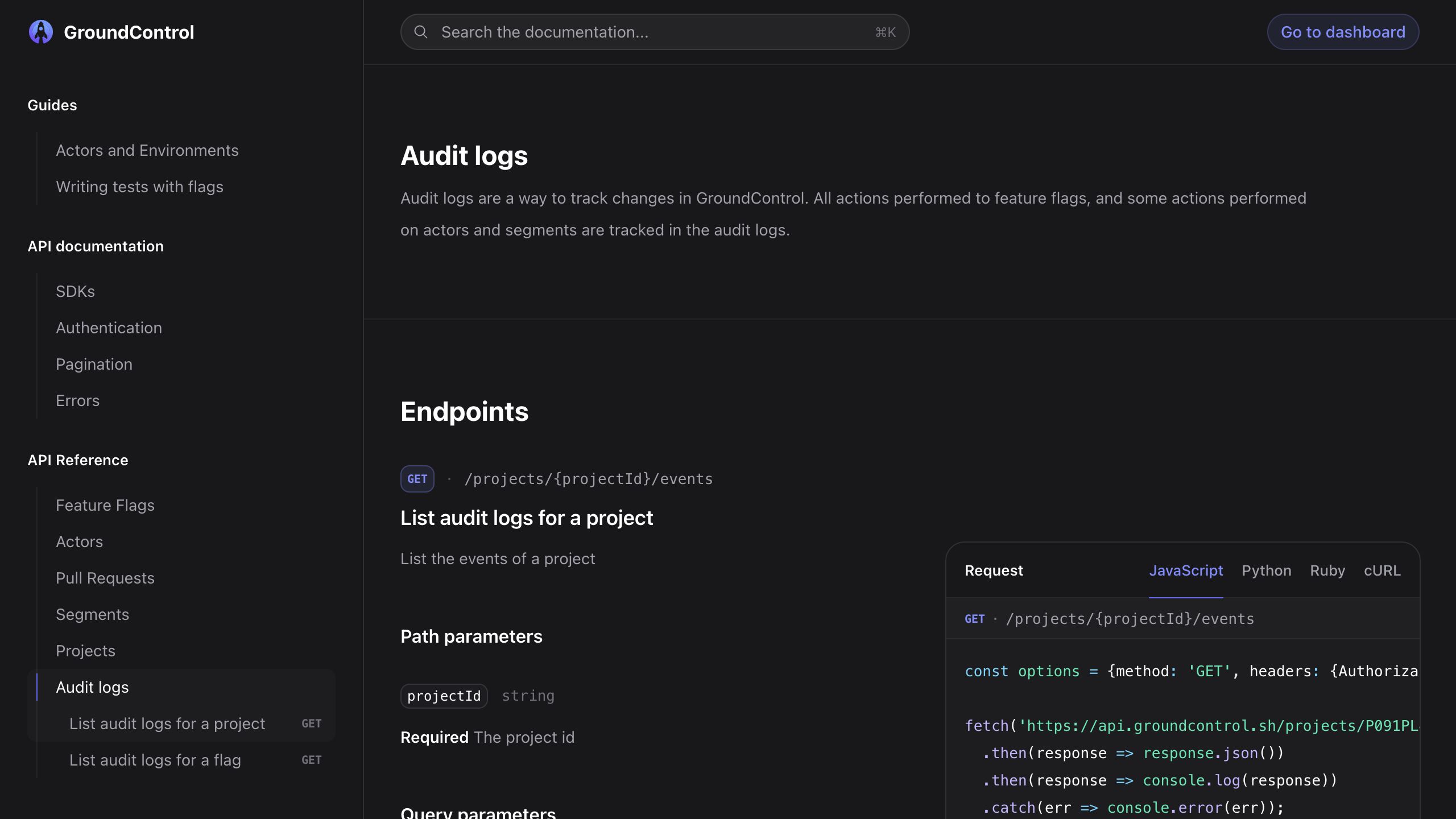 groundcontrol docs audit logs interface, desktop dark fold screenshot