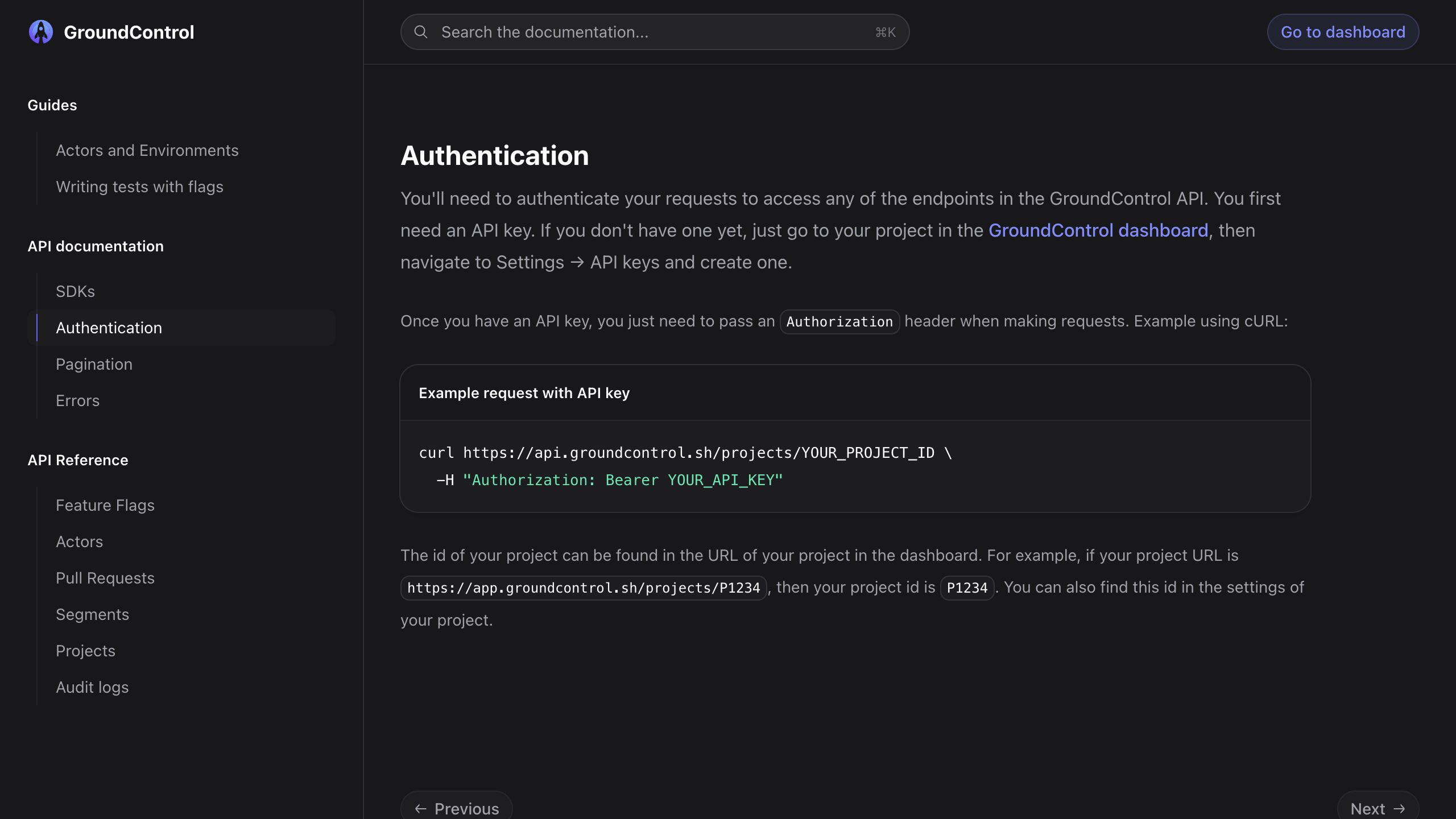 groundcontrol docs authentication interface, desktop dark fold screenshot