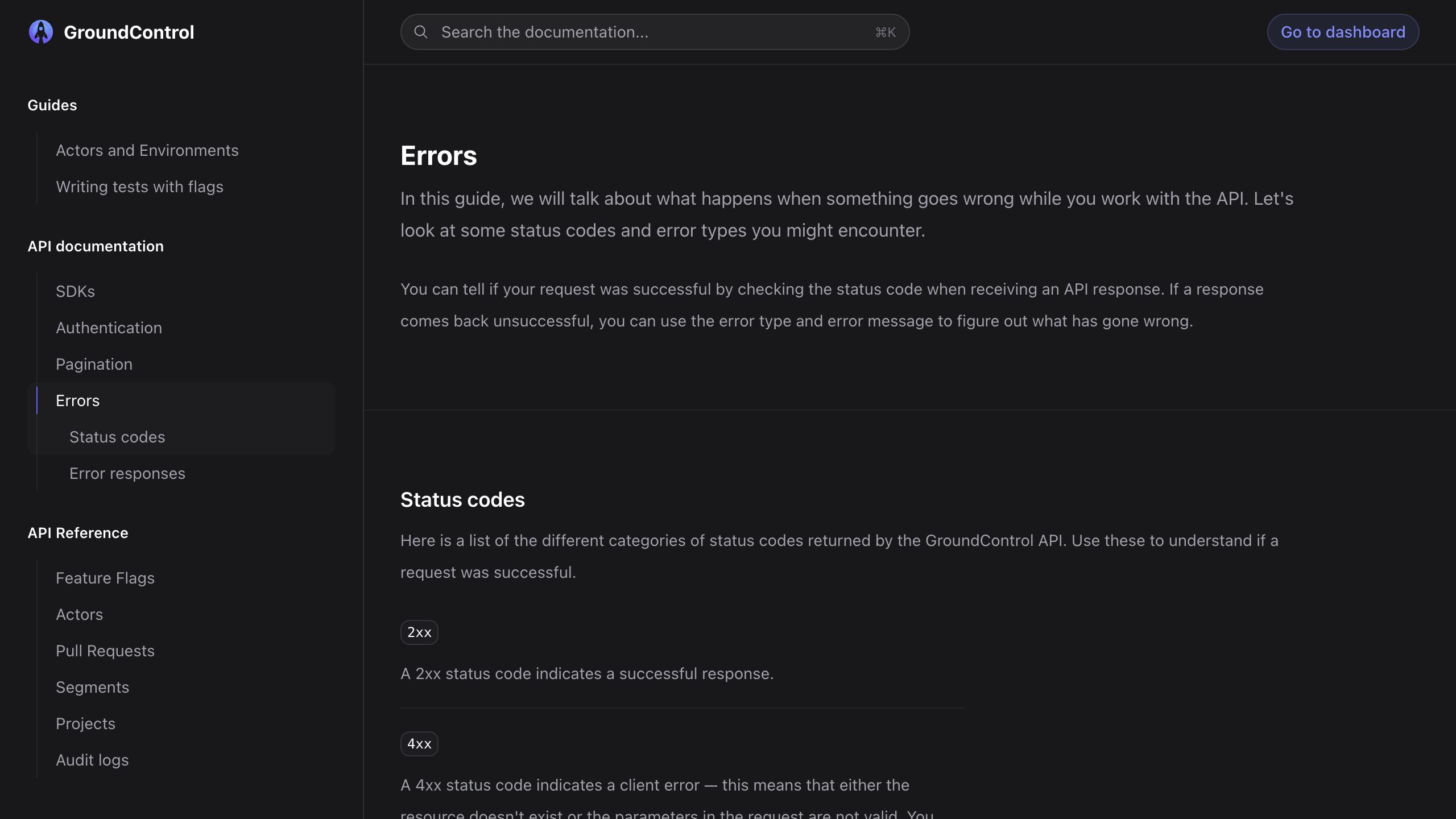 groundcontrol docs errors interface, desktop dark fold screenshot