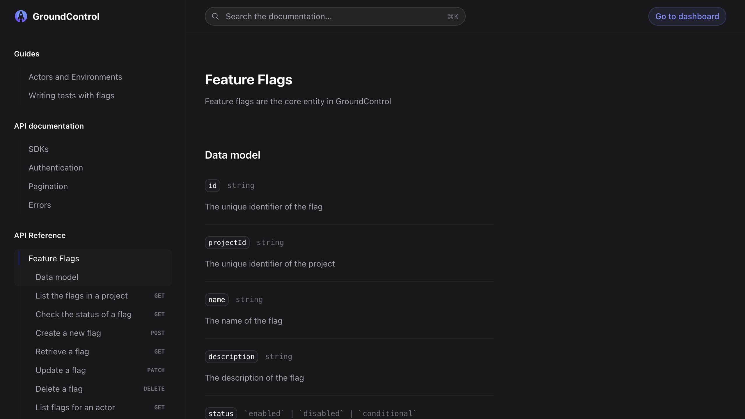 groundcontrol docs feature flags interface, desktop dark fold screenshot