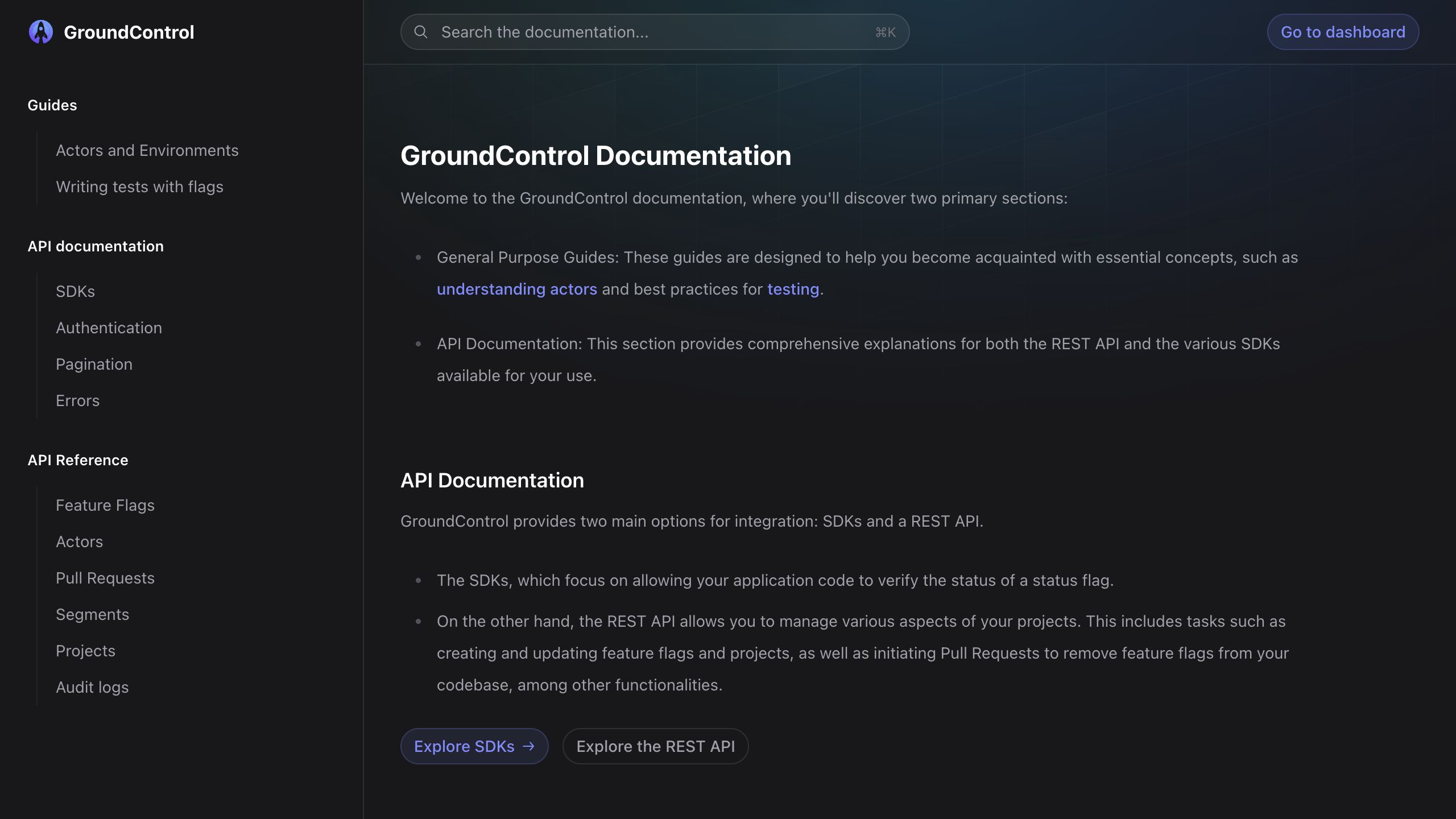 groundcontrol docs landing interface, desktop dark fold screenshot