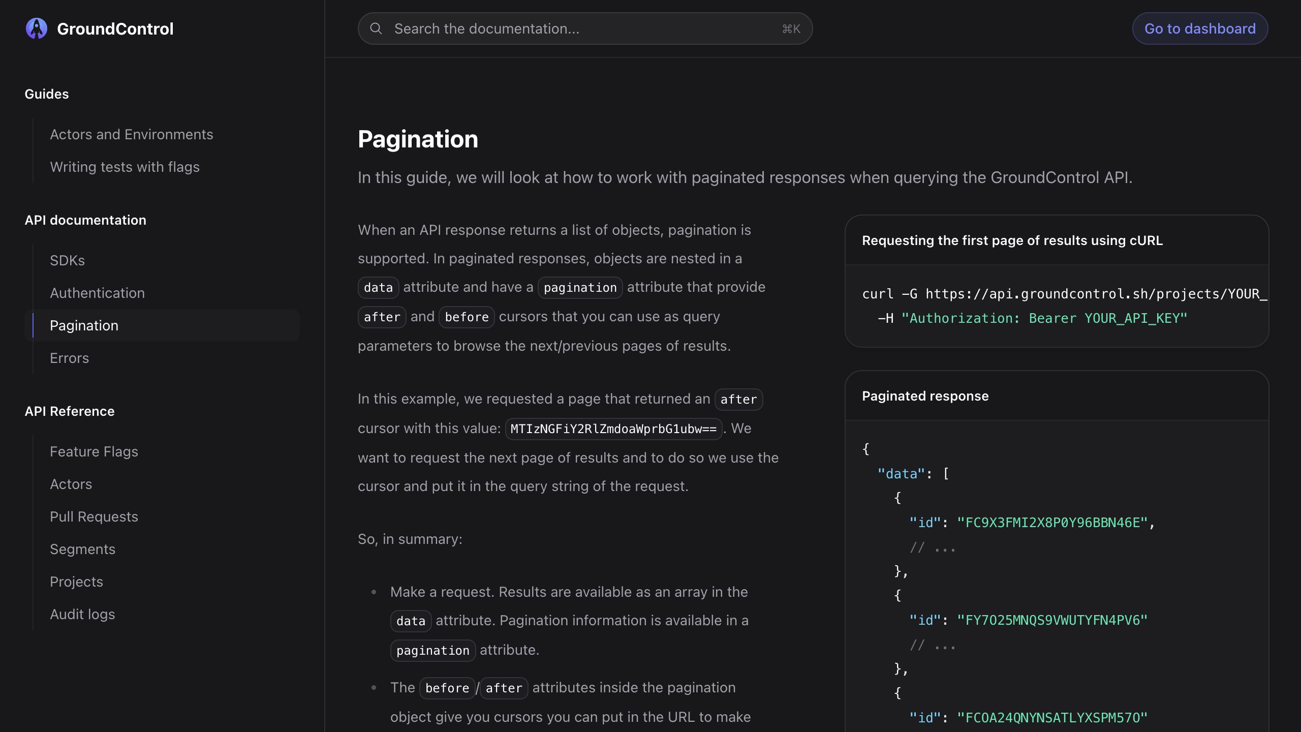 groundcontrol docs pagination interface, desktop dark fold screenshot