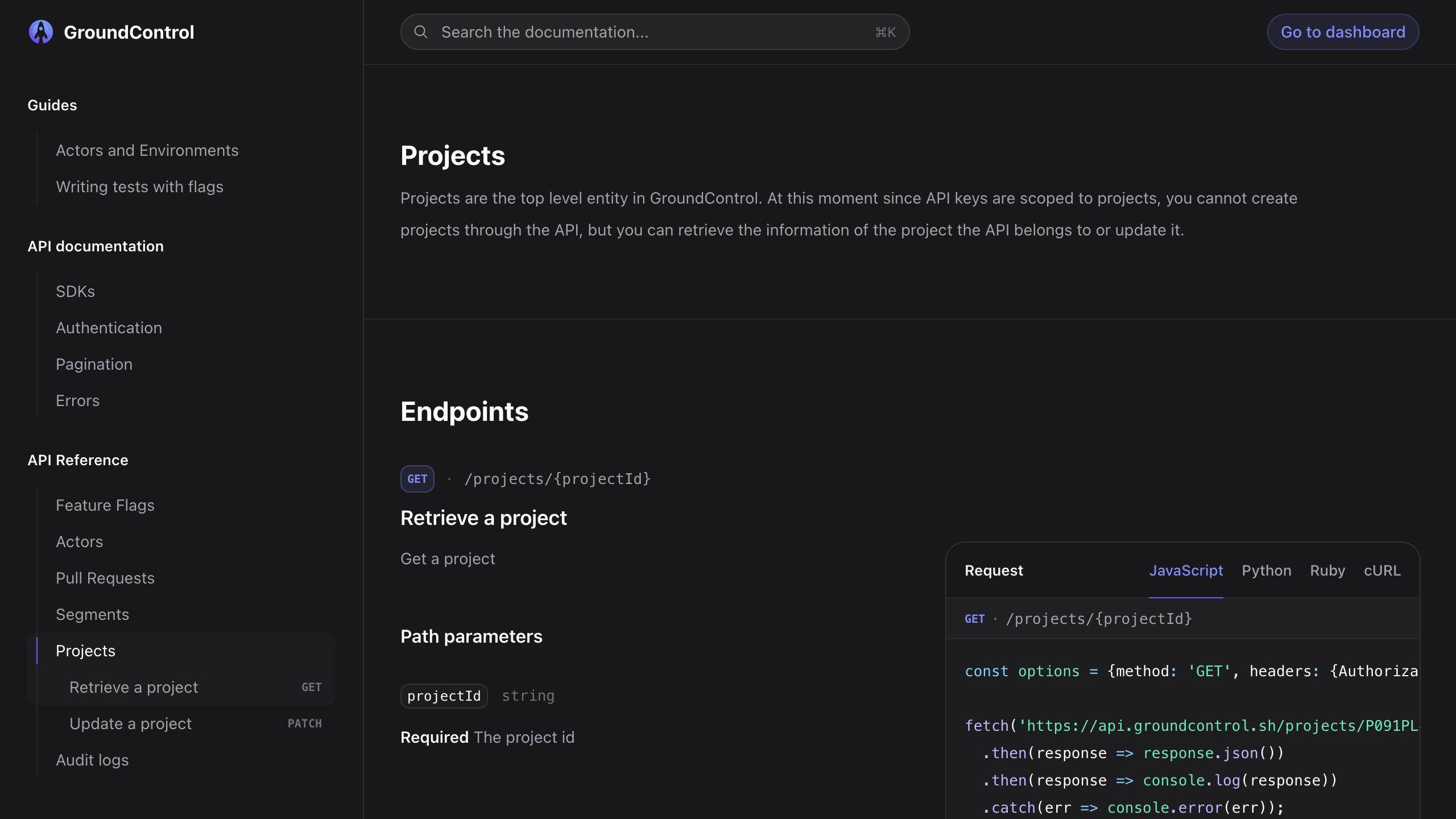groundcontrol docs projects interface, desktop dark fold screenshot