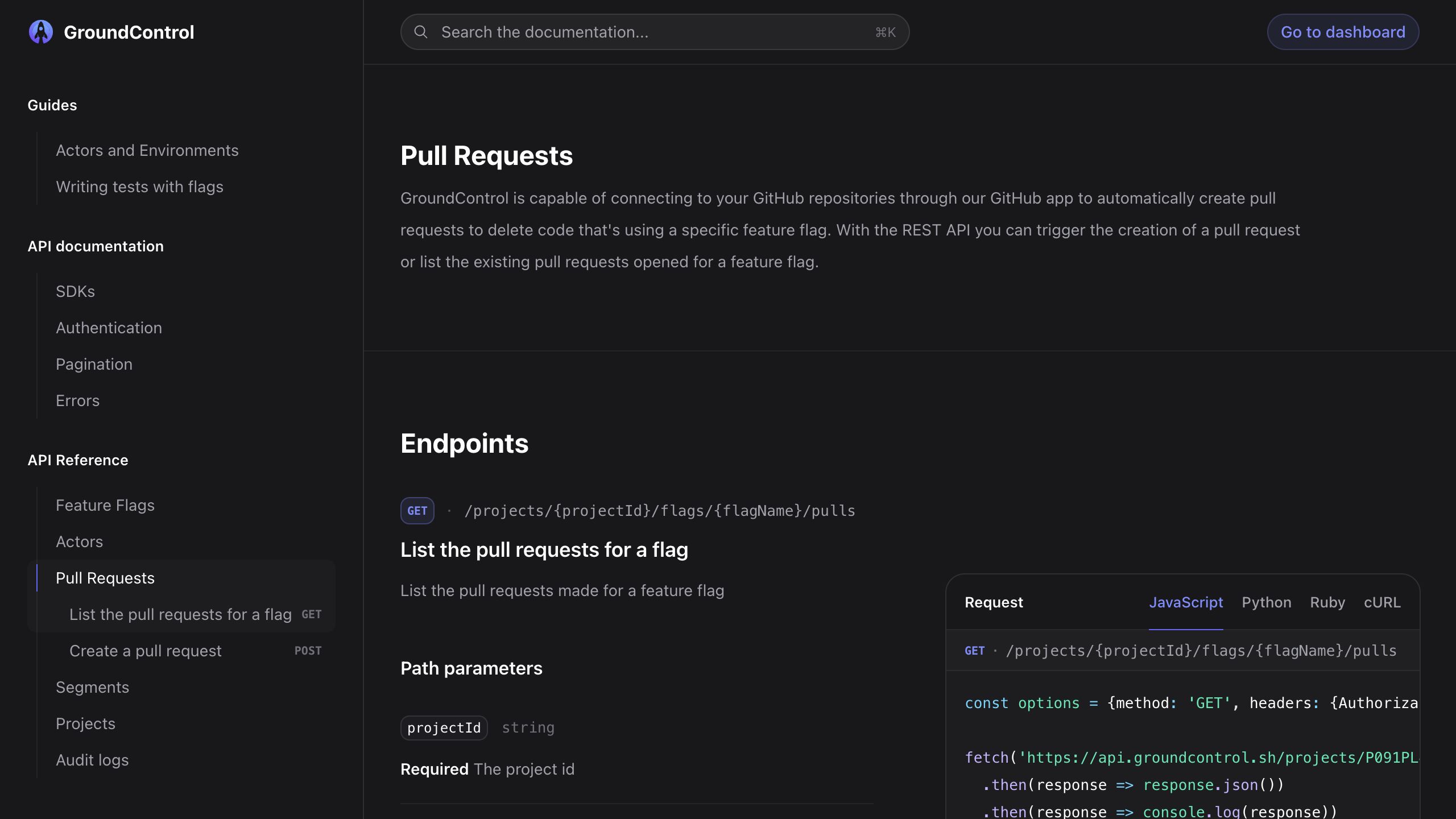groundcontrol docs pull requests interface, desktop dark fold screenshot