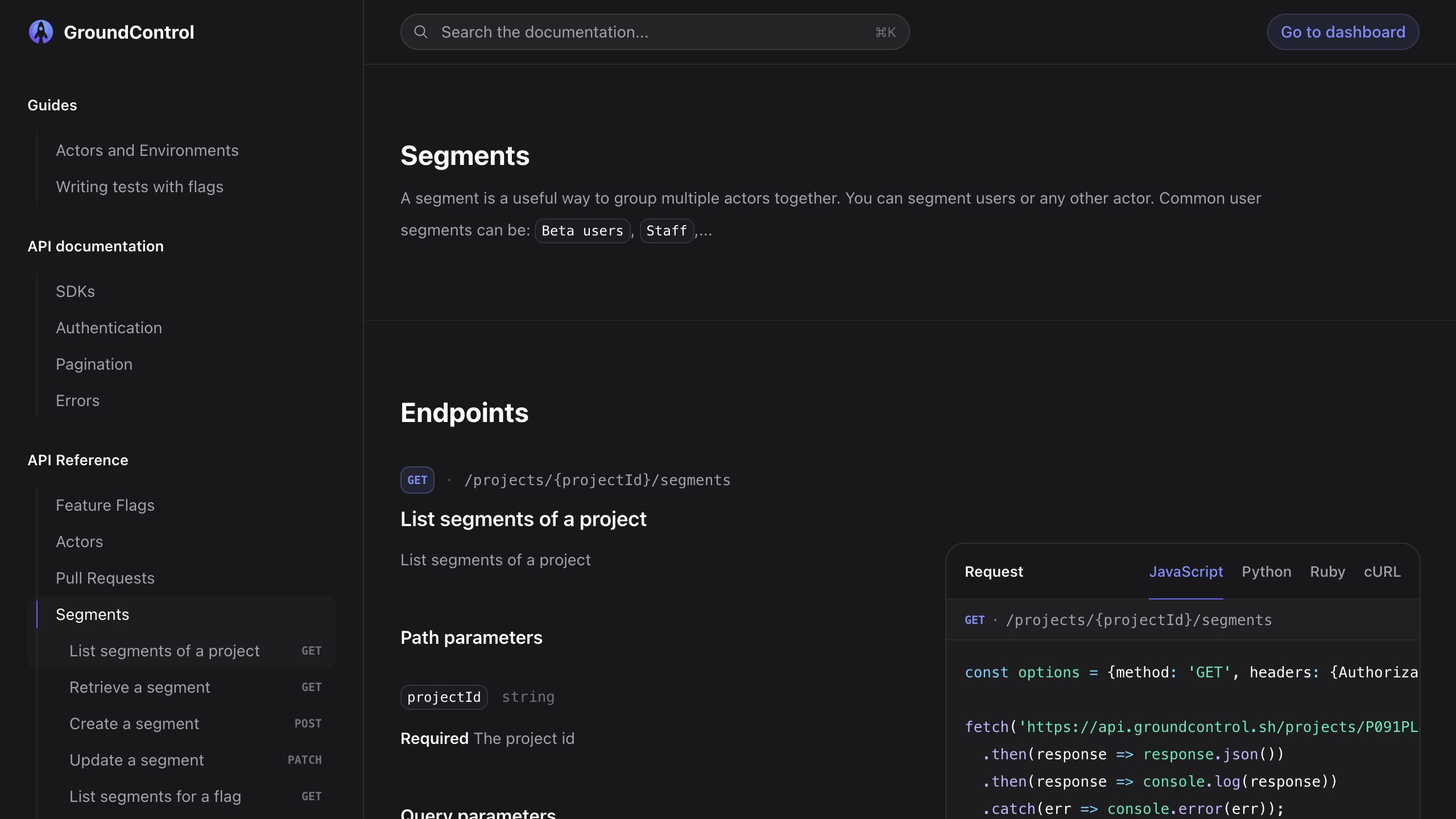 groundcontrol docs segments interface, desktop dark fold screenshot