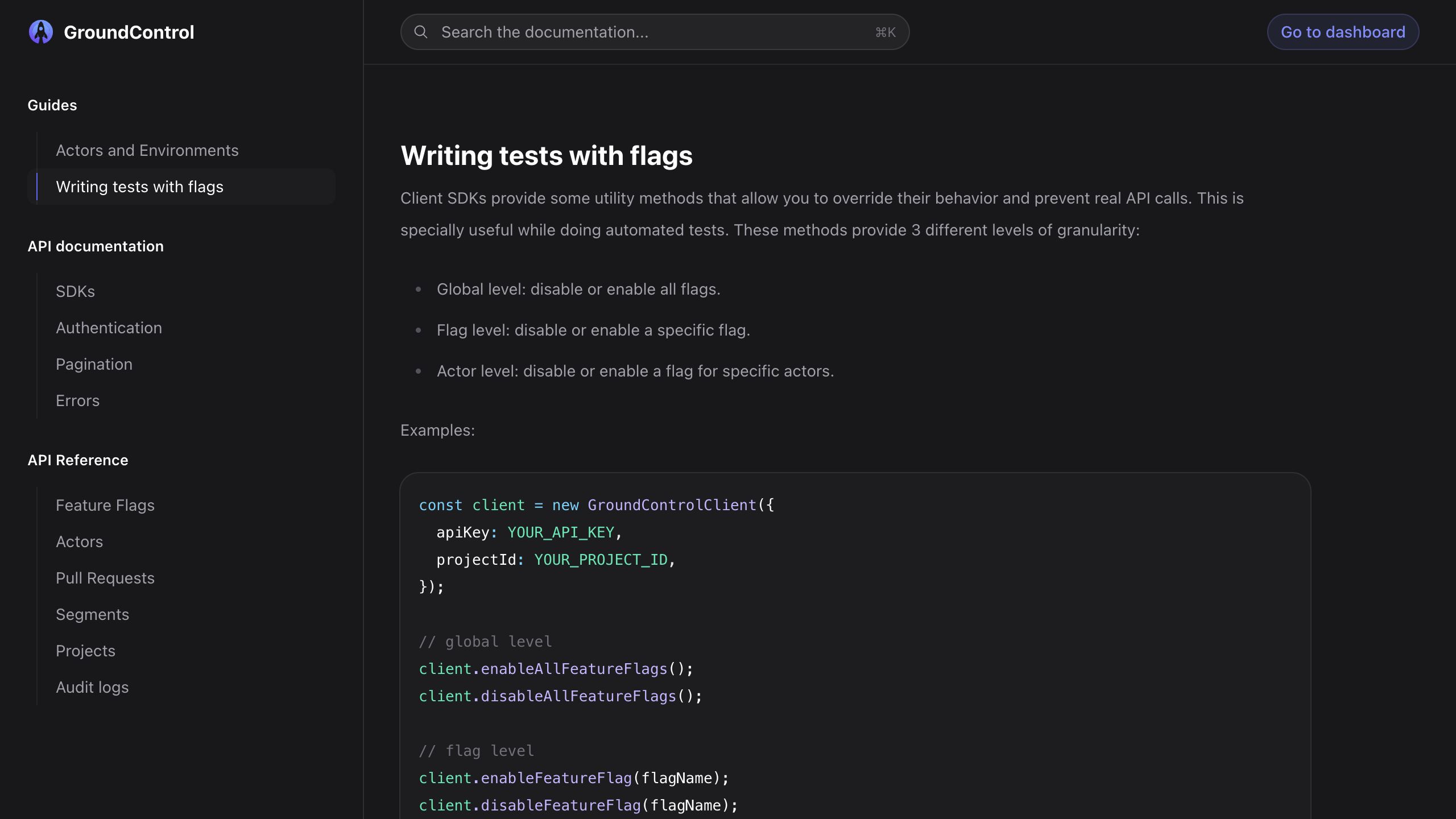 groundcontrol docs writing tests interface, desktop dark fold screenshot