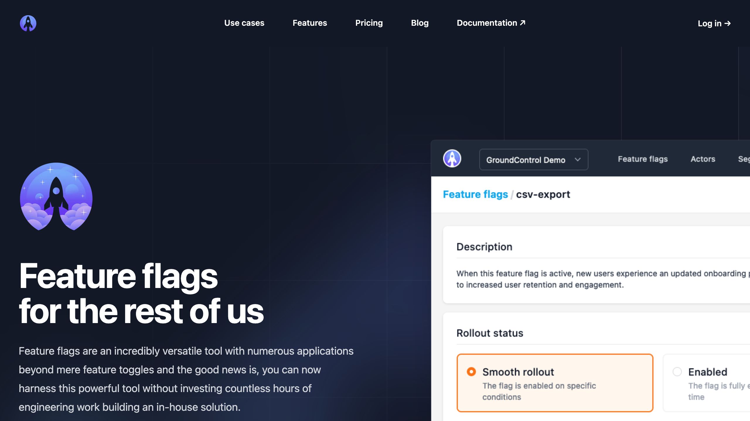 groundcontrol landing interface, desktop dark fold screenshot