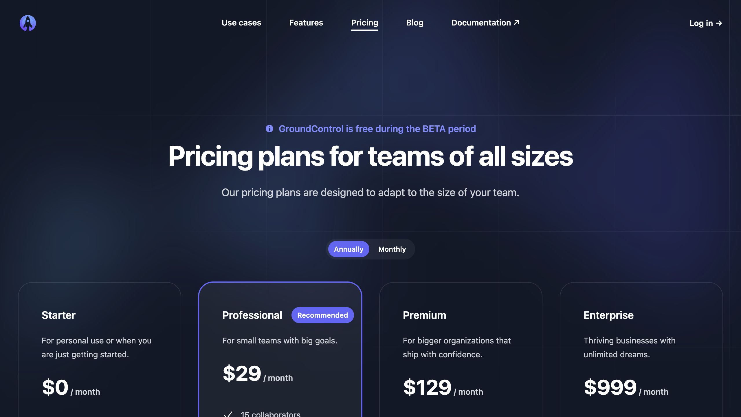 groundcontrol pricing interface, desktop dark fold screenshot