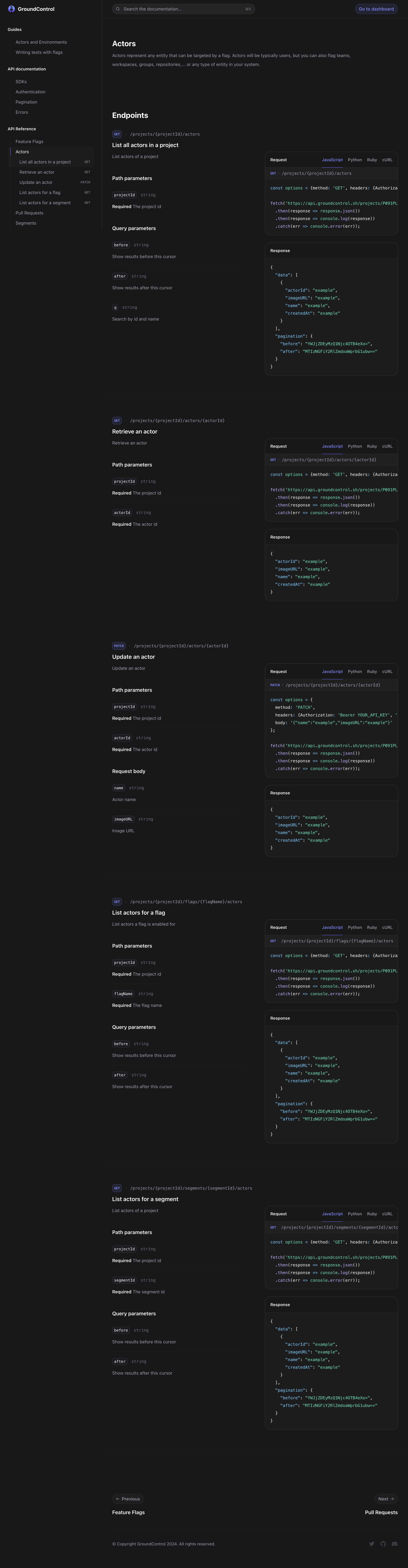 groundcontrol docs actors interface, desktop dark full screenshot