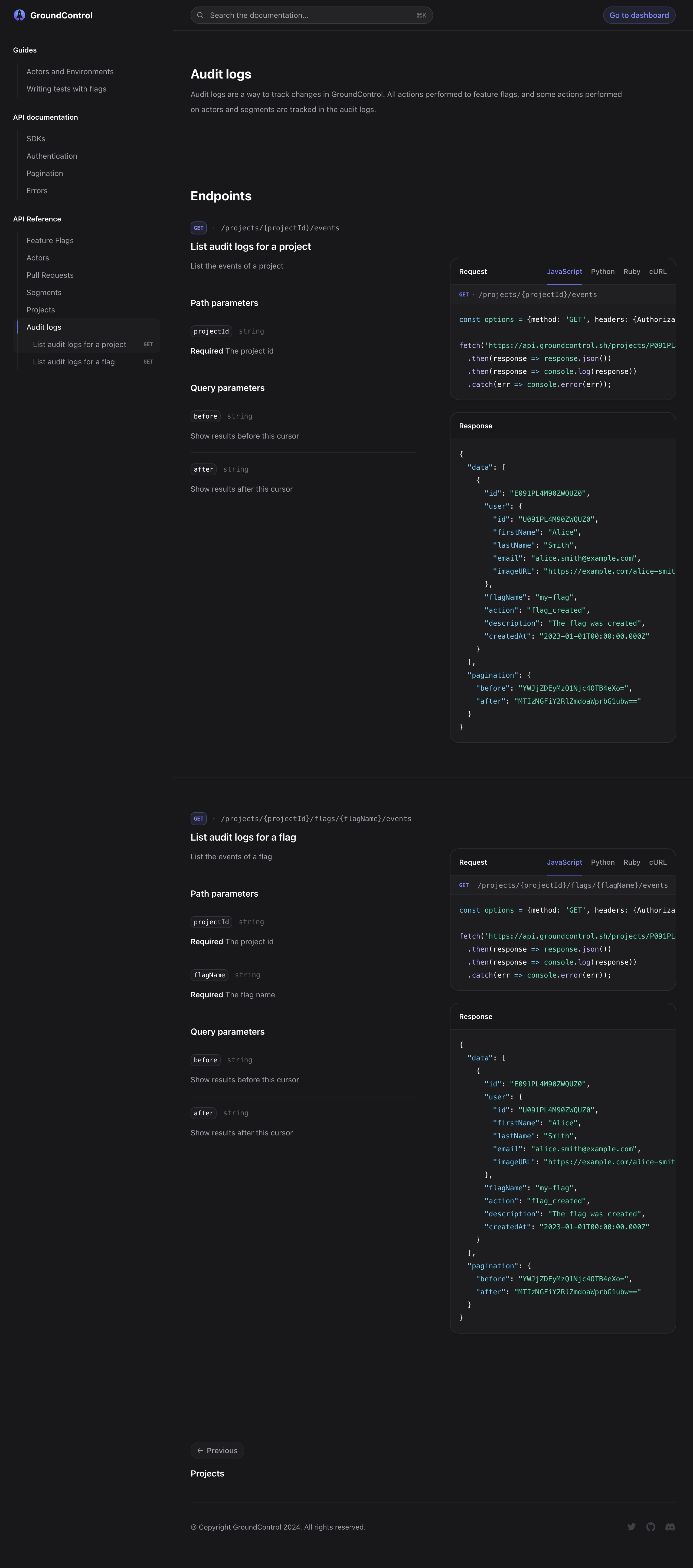 groundcontrol docs audit logs interface, desktop dark full screenshot