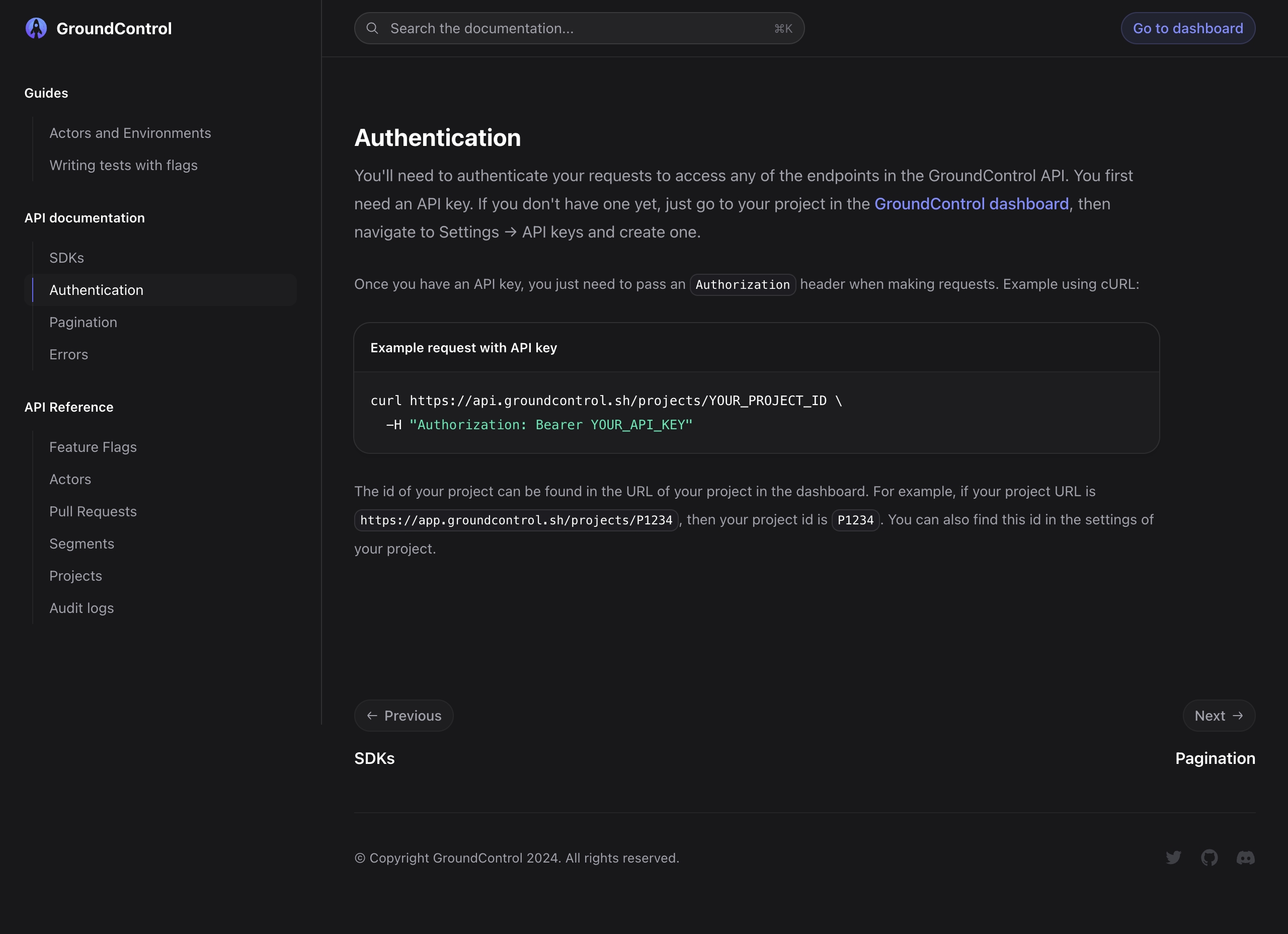 groundcontrol docs authentication interface, desktop dark full screenshot