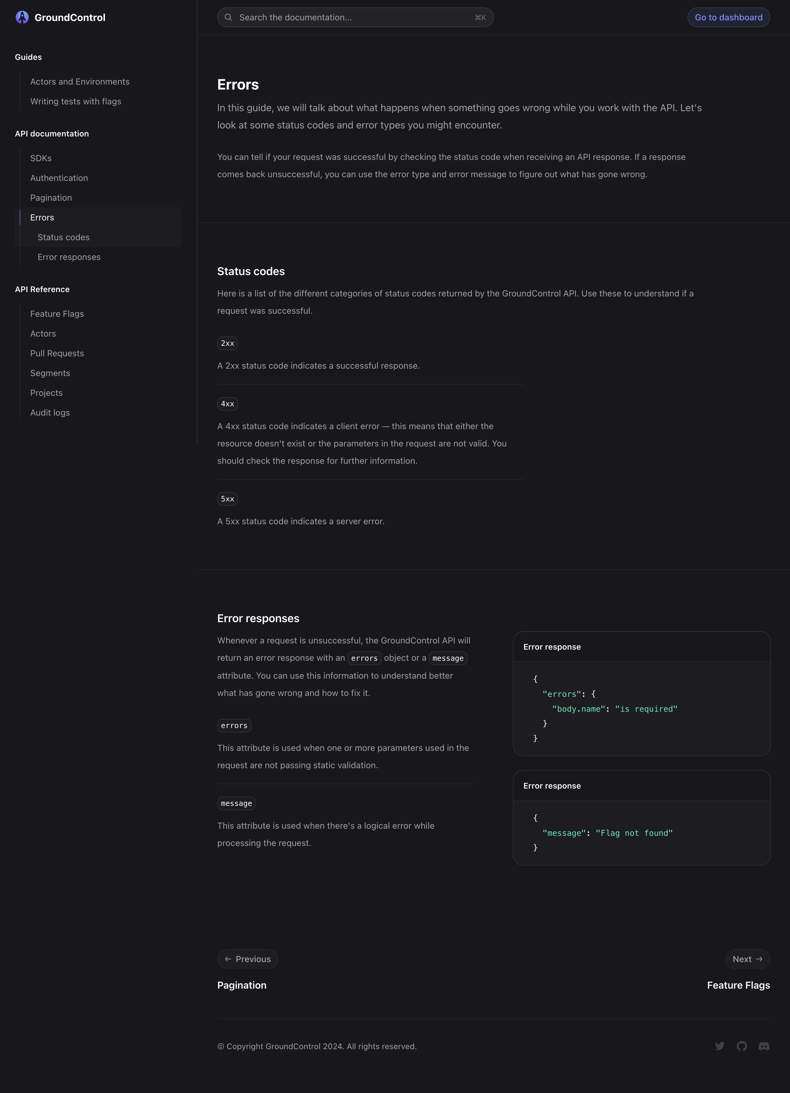 groundcontrol docs errors interface, desktop dark full screenshot