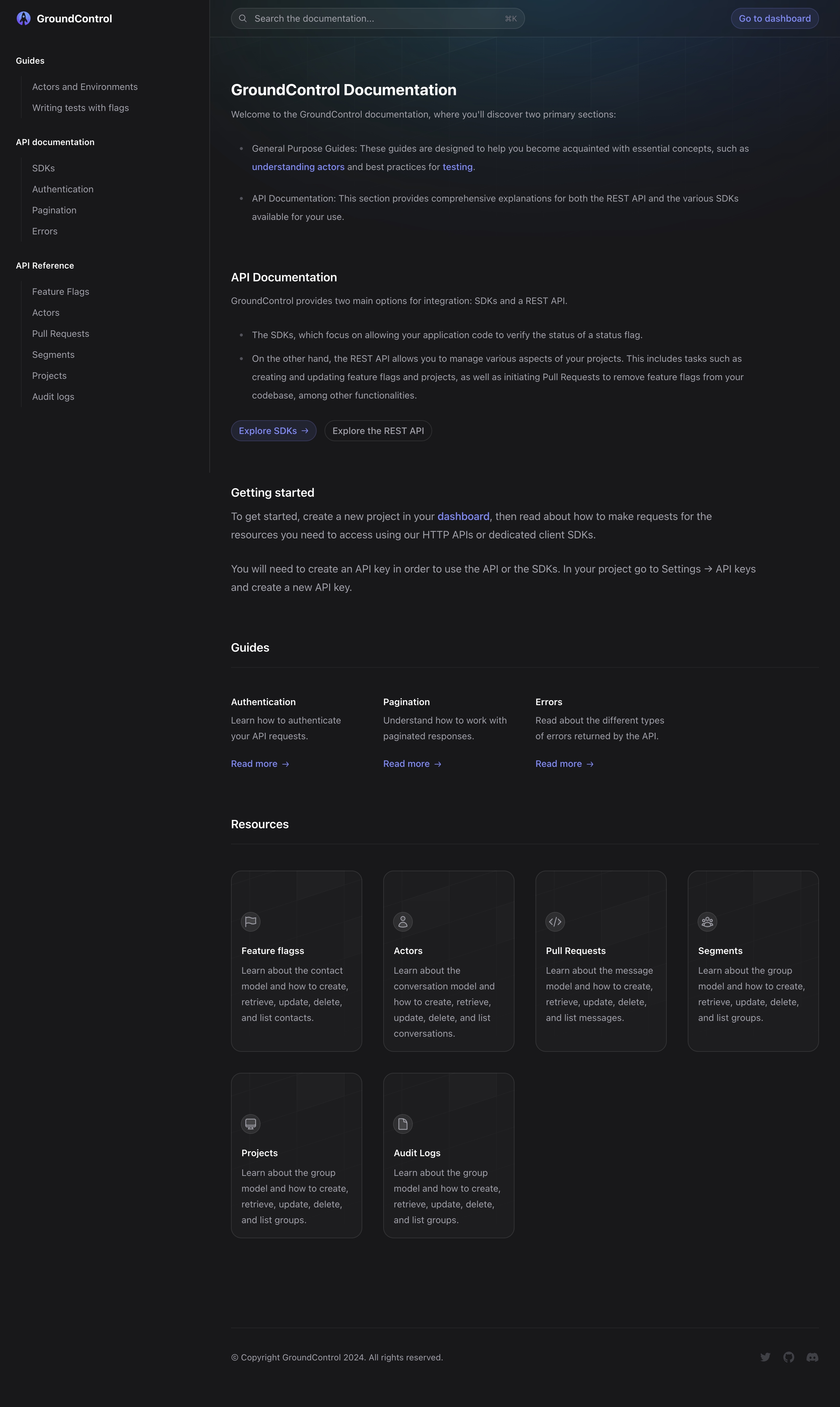 groundcontrol docs landing interface, desktop dark full screenshot
