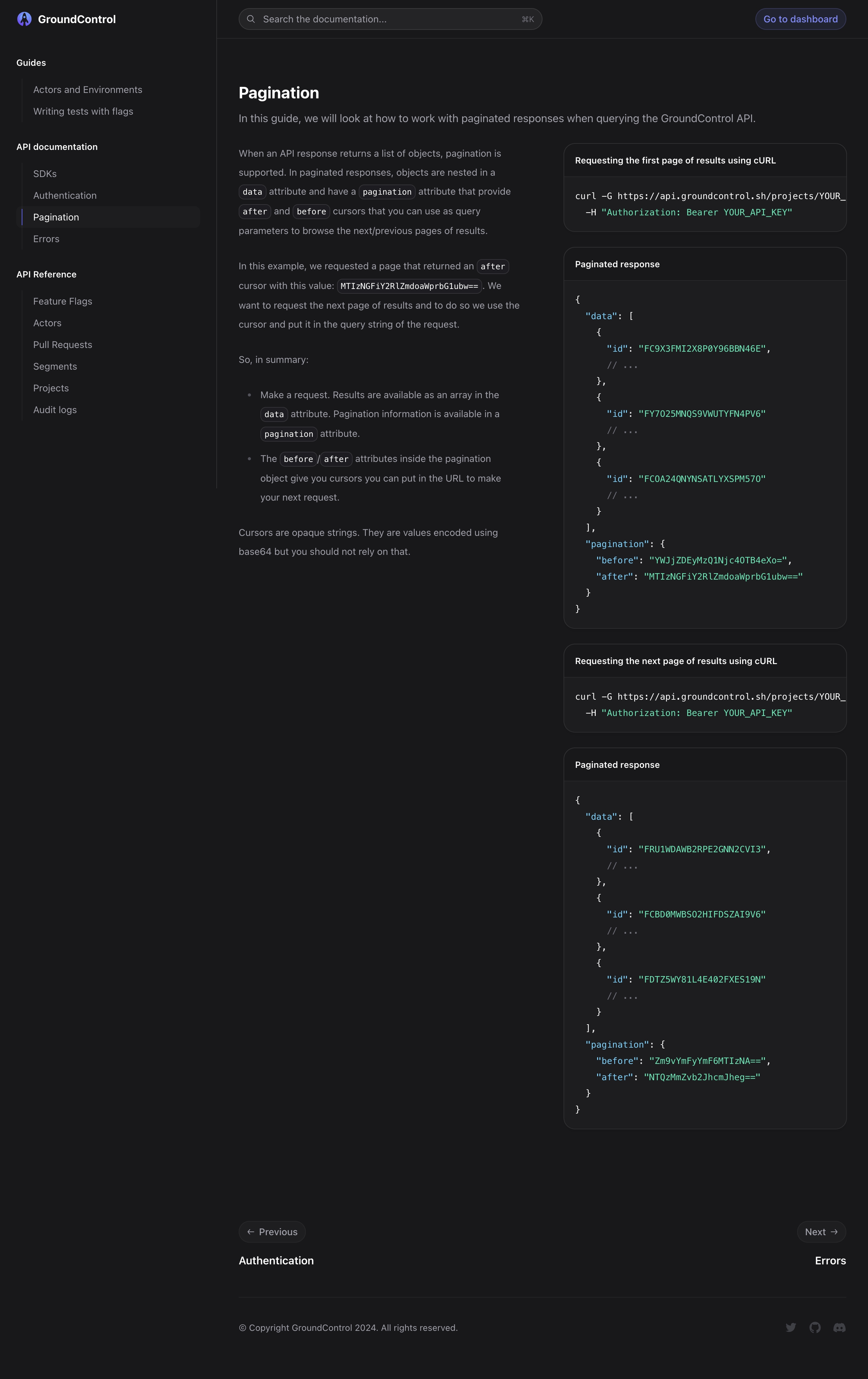 groundcontrol docs pagination interface, desktop dark full screenshot