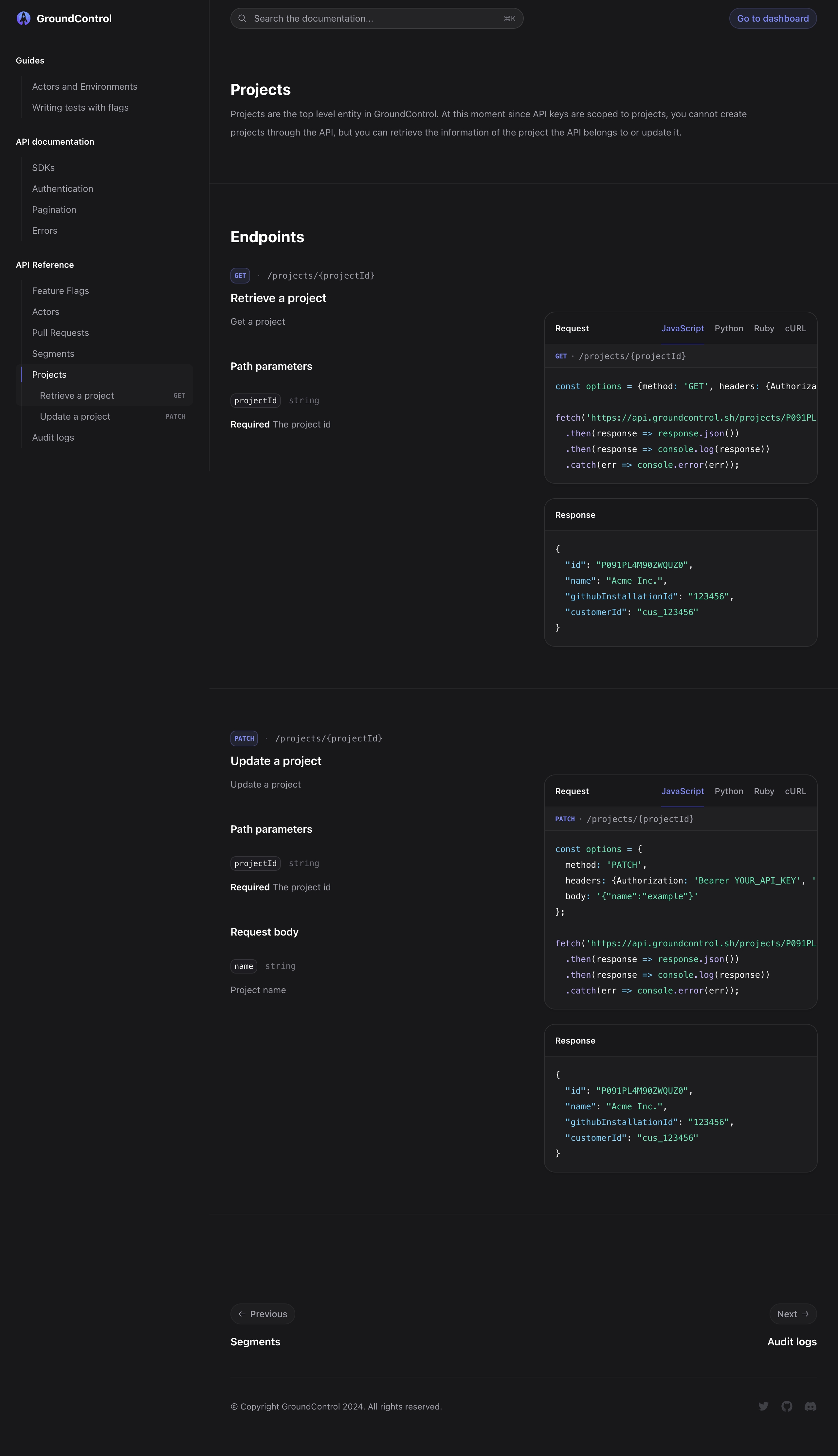 groundcontrol docs projects interface, desktop dark full screenshot
