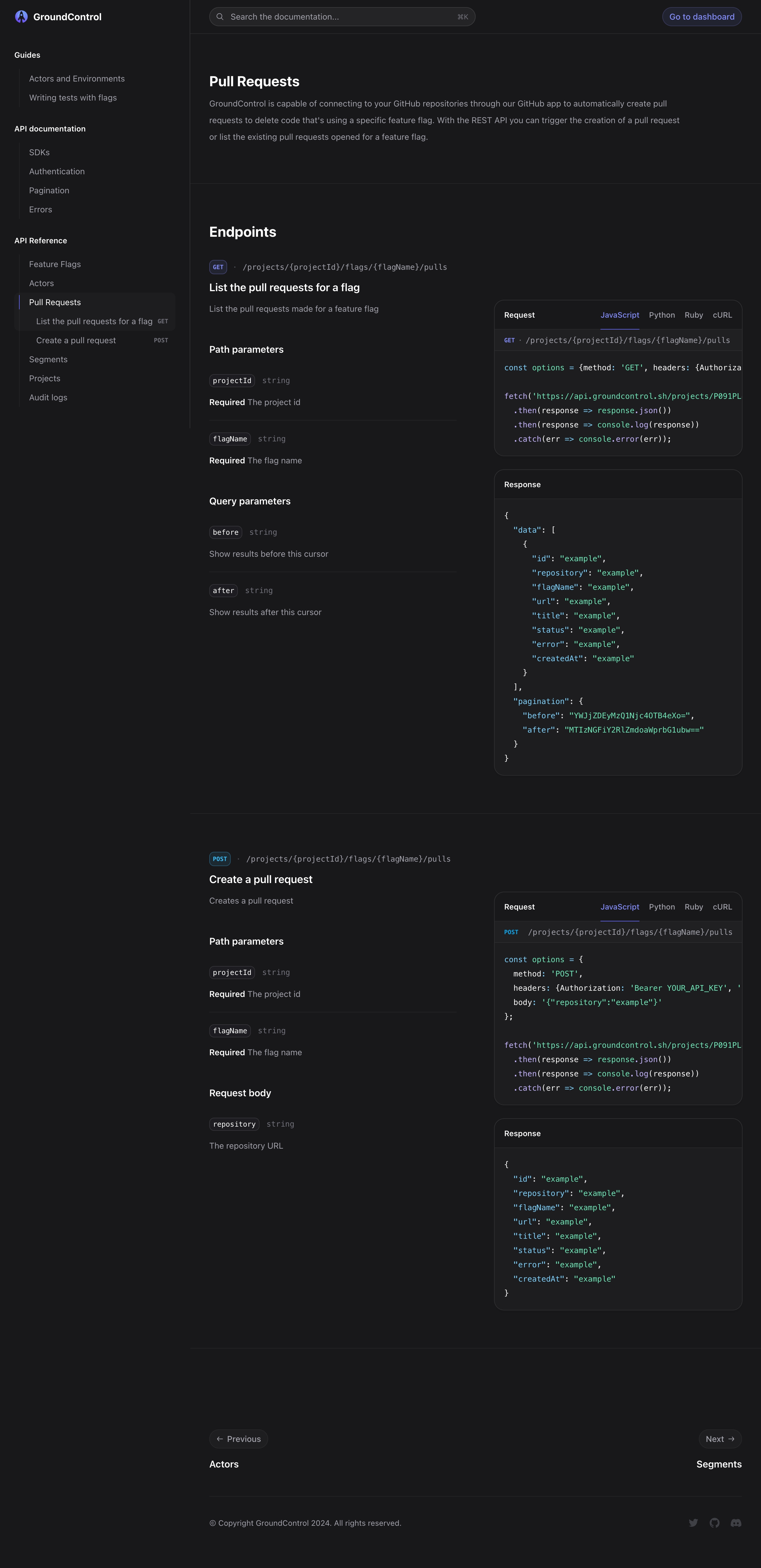 groundcontrol docs pull requests interface, desktop dark full screenshot