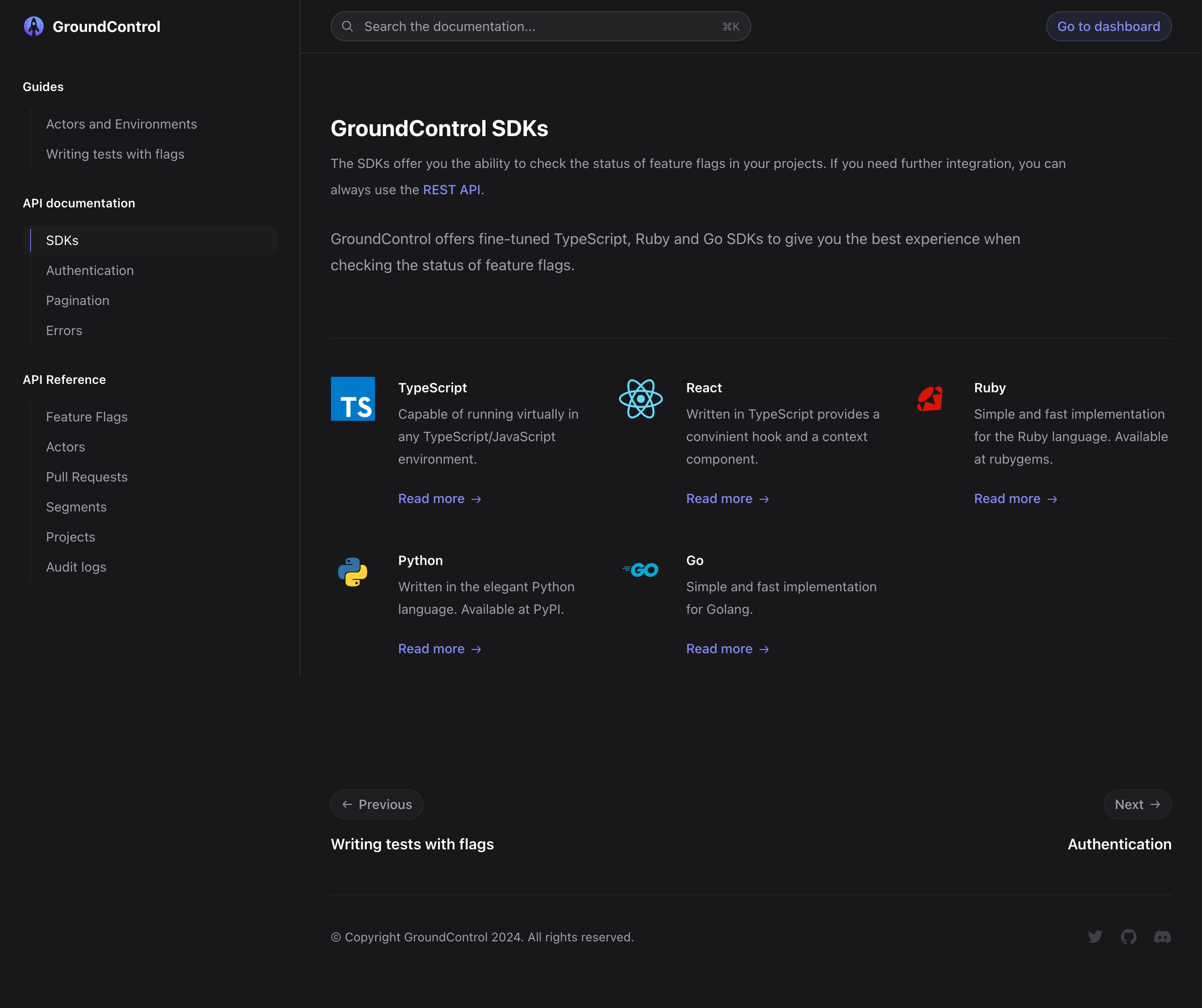 groundcontrol docs sdk interface, desktop dark full screenshot
