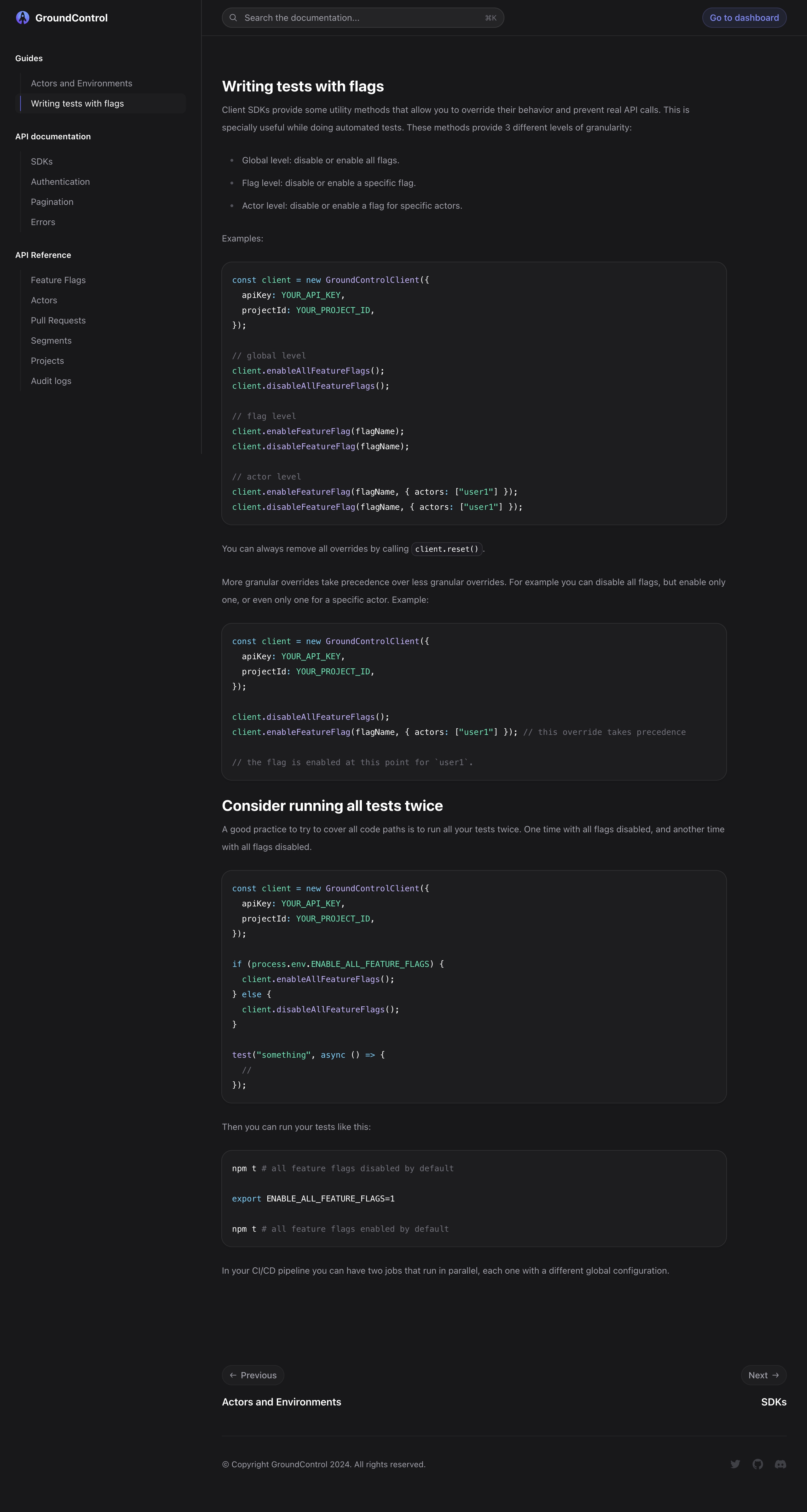 groundcontrol docs writing tests interface, desktop dark full screenshot