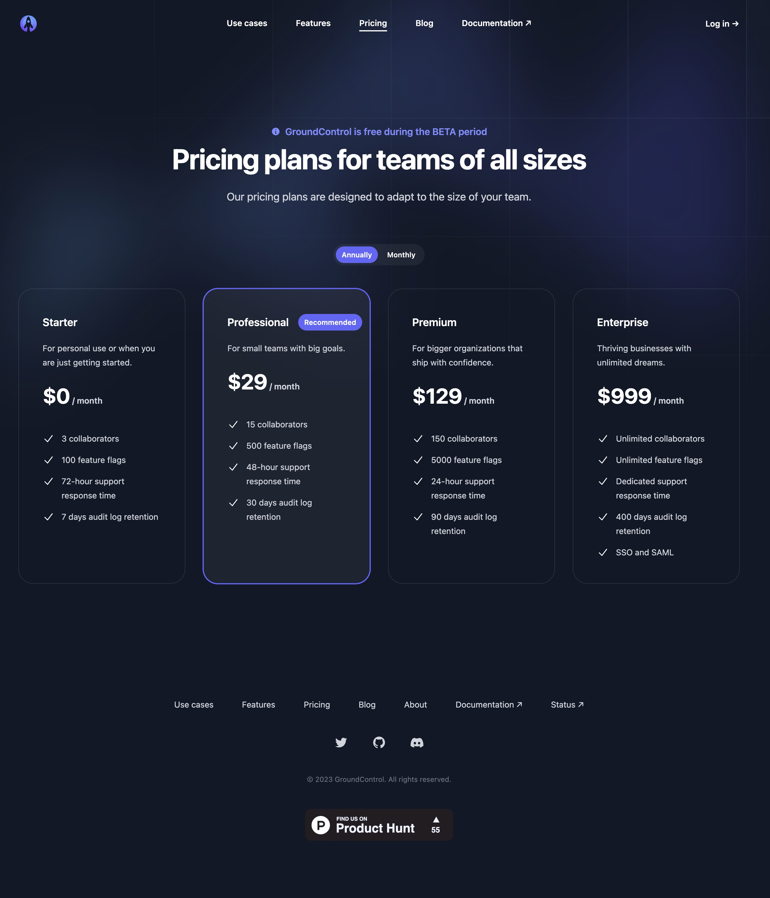 groundcontrol pricing interface, desktop dark full screenshot