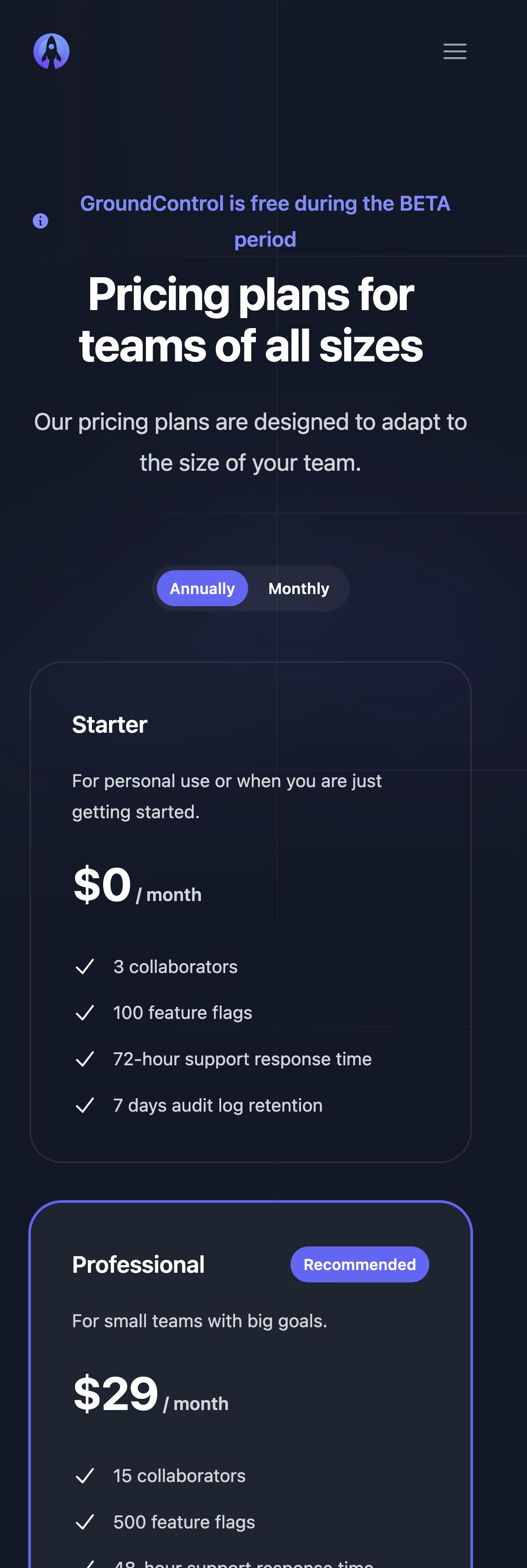 groundcontrol pricing interface, mobile dark big screenshot