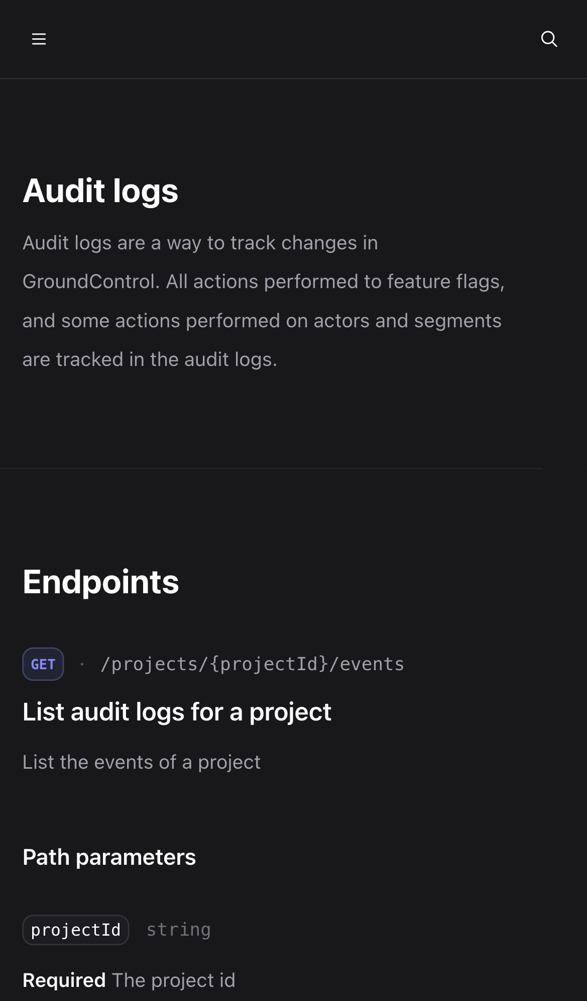 groundcontrol docs audit logs interface, mobile dark fold screenshot