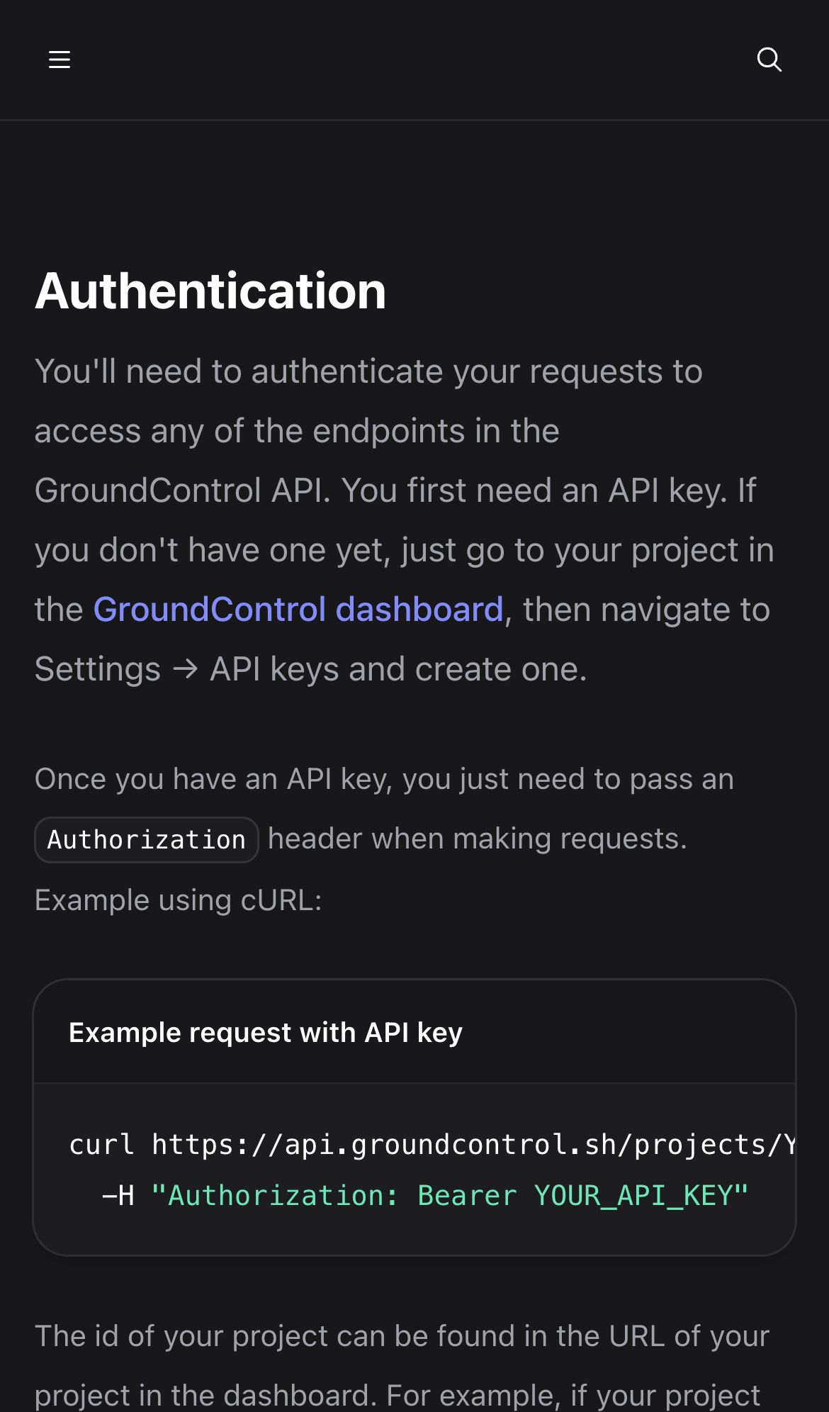 groundcontrol docs authentication interface, mobile dark fold screenshot
