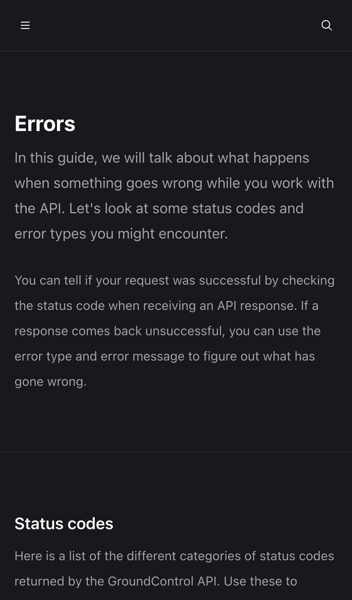groundcontrol docs errors interface, mobile dark fold screenshot