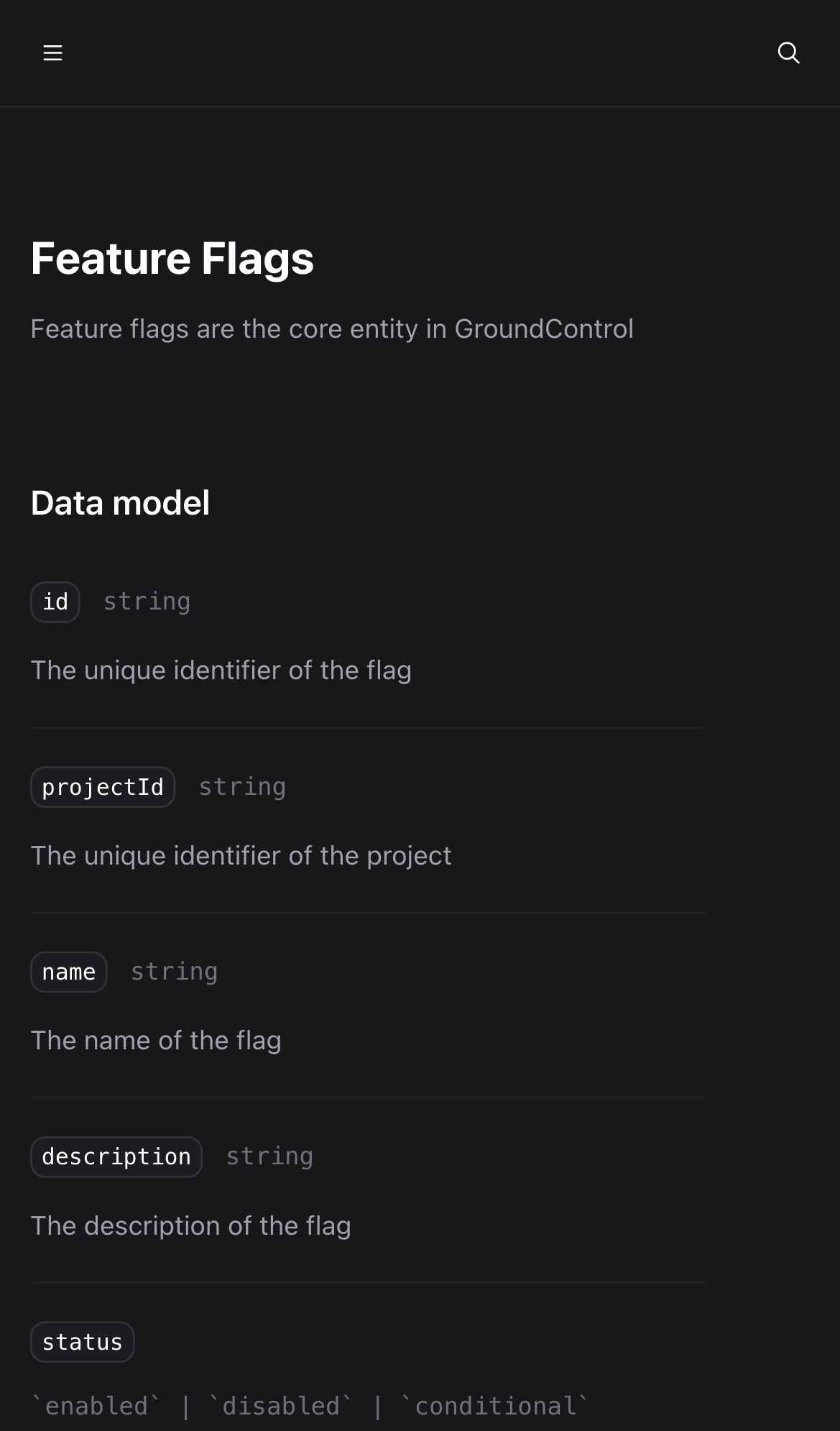 groundcontrol docs feature flags interface, mobile dark fold screenshot