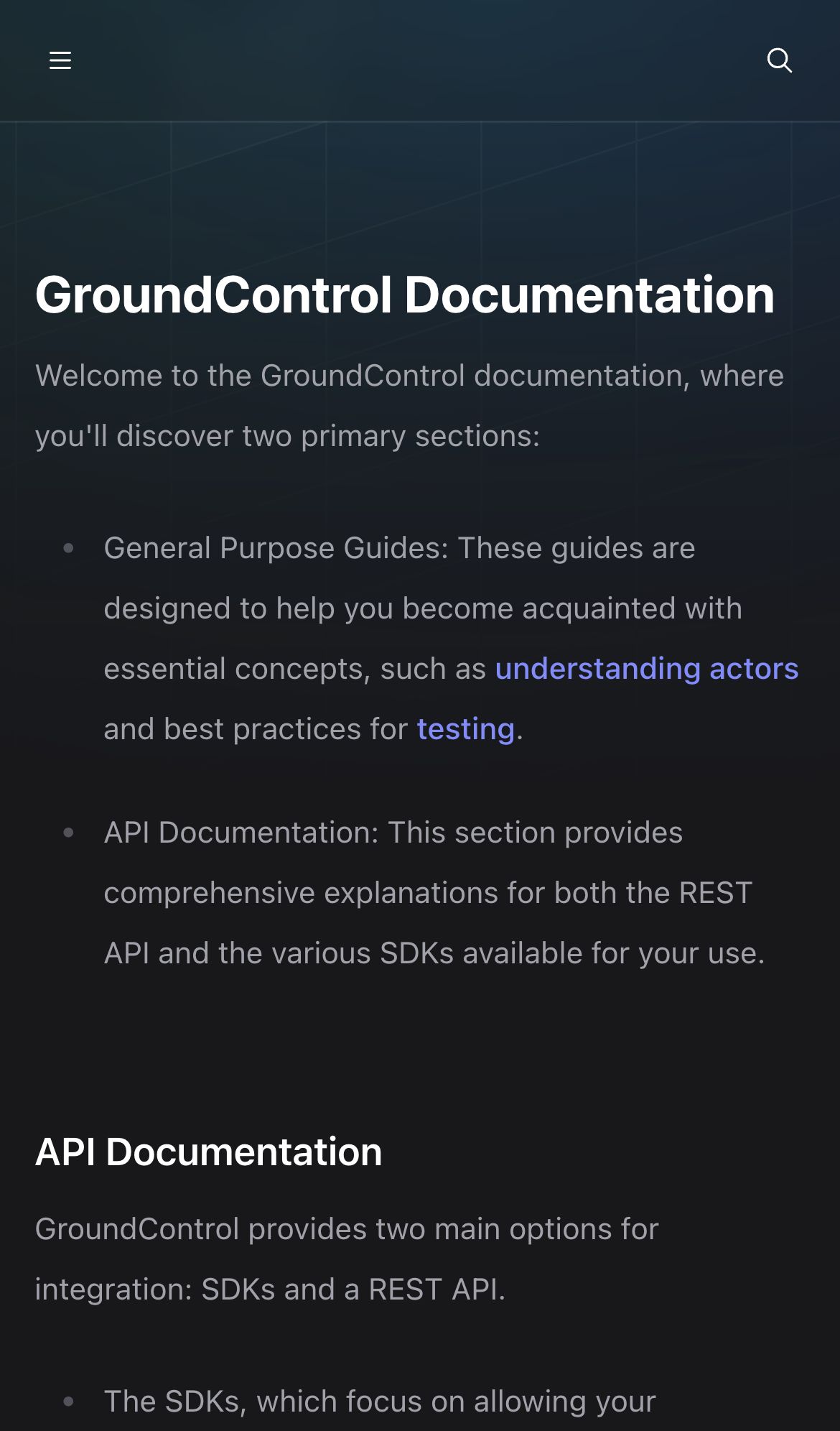groundcontrol docs landing interface, mobile dark fold screenshot