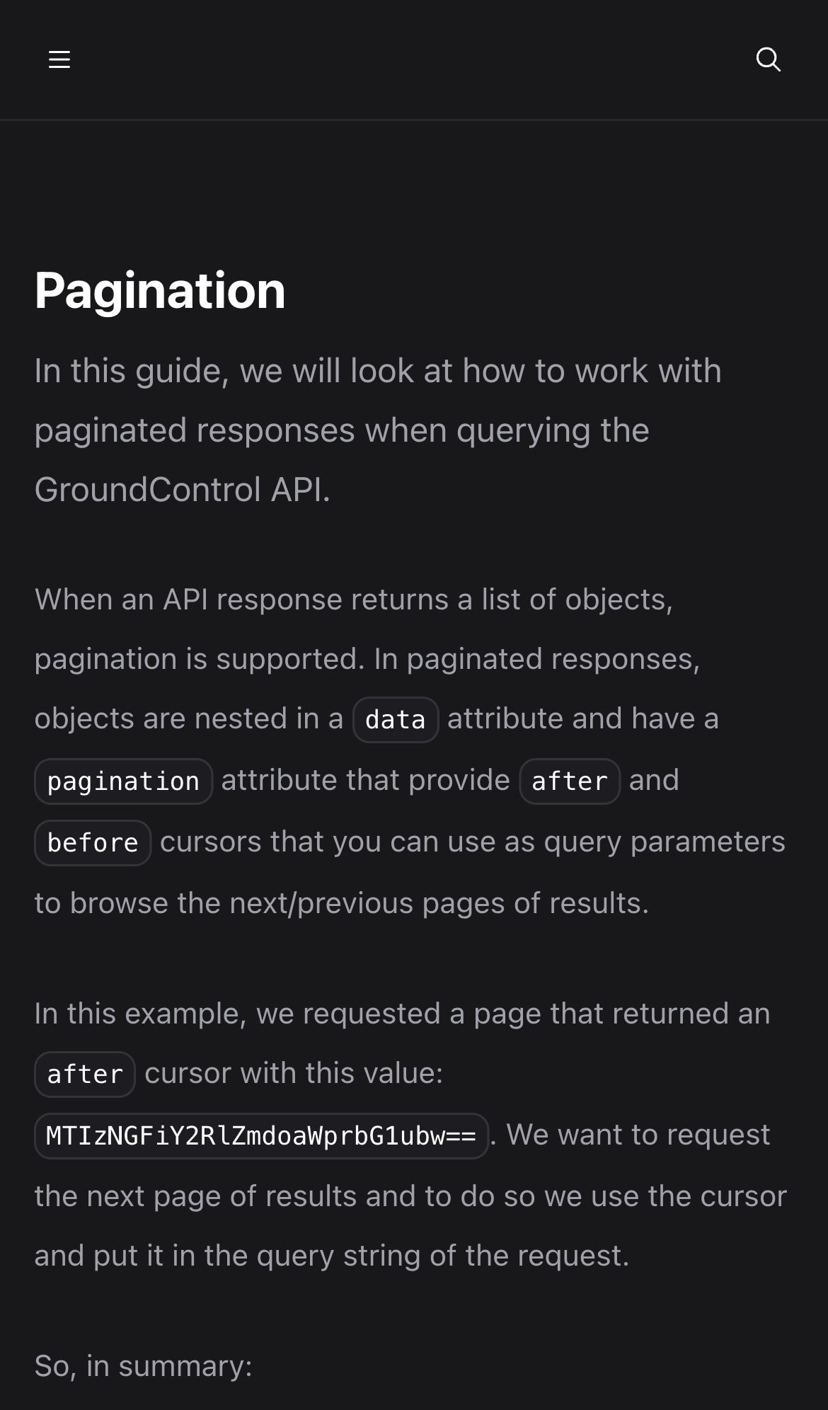groundcontrol docs pagination interface, mobile dark fold screenshot