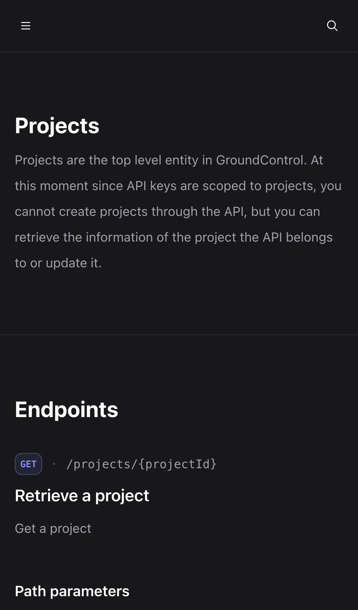 groundcontrol docs projects interface, mobile dark fold screenshot