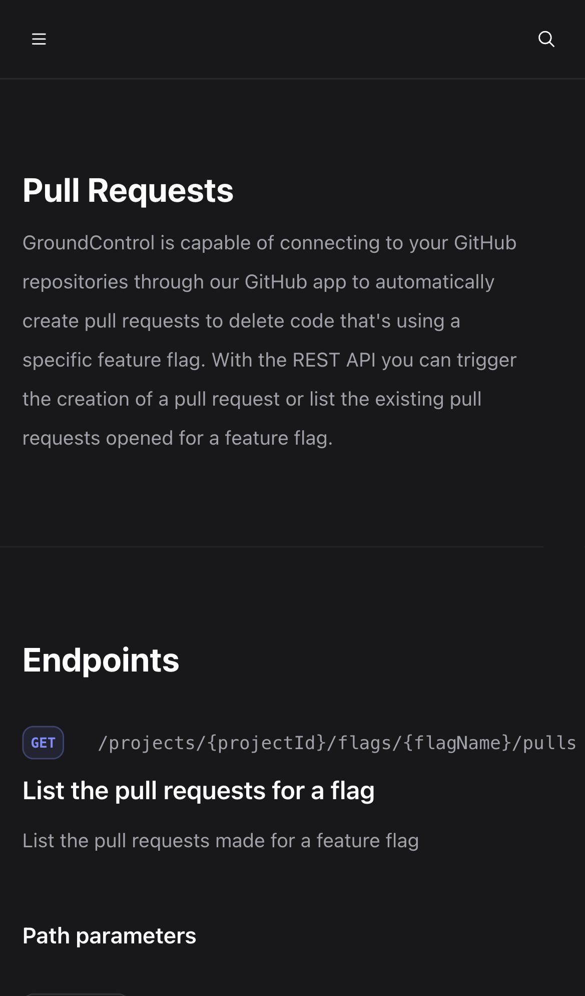 groundcontrol docs pull requests interface, mobile dark fold screenshot