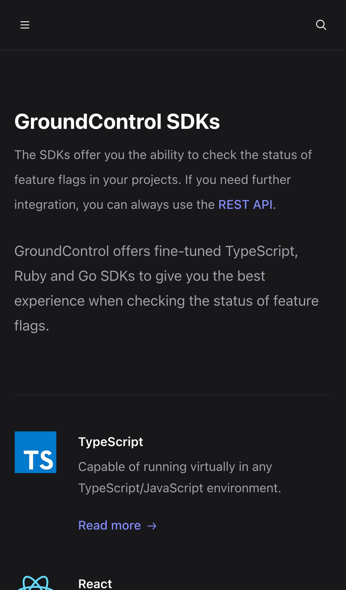 groundcontrol docs sdk interface, mobile dark fold screenshot