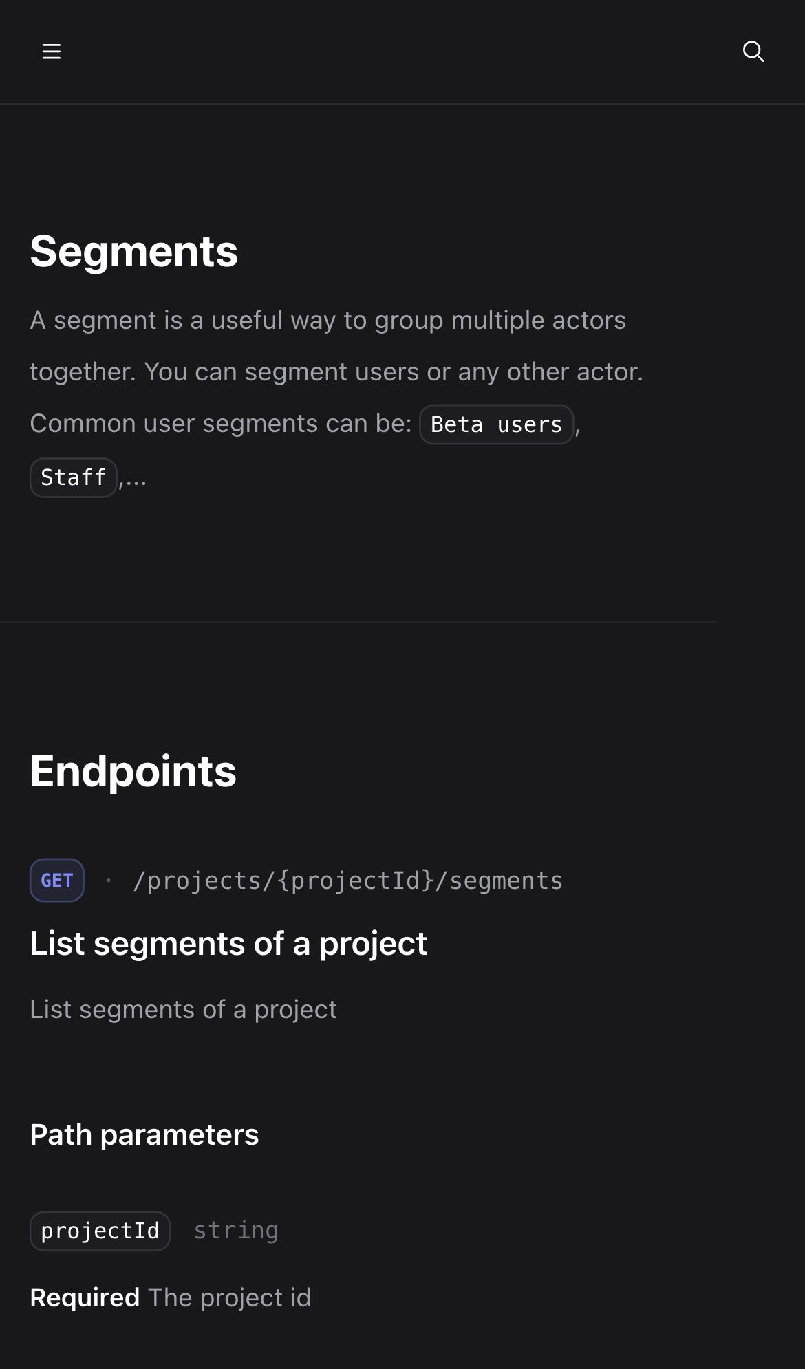 groundcontrol docs segments interface, mobile dark fold screenshot