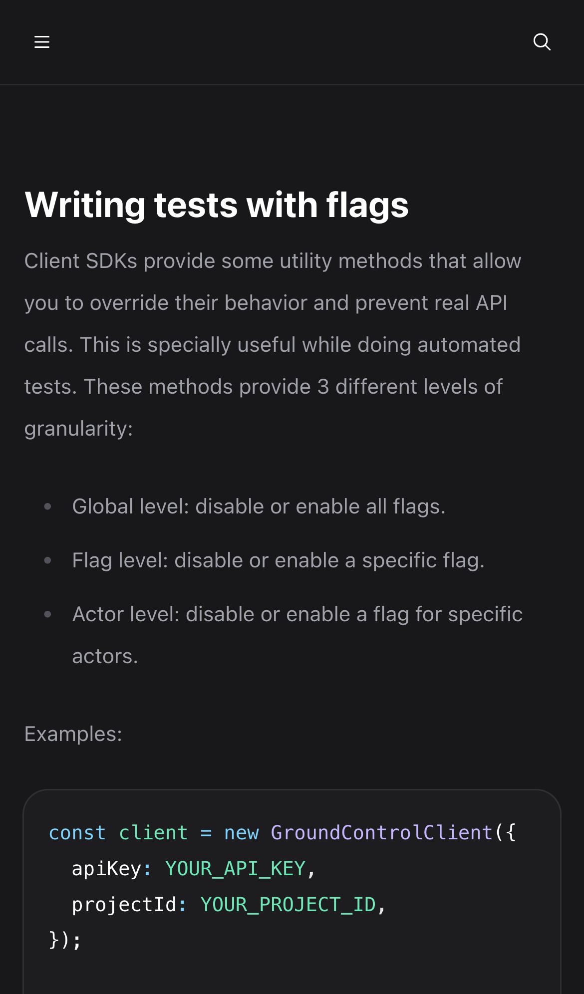 groundcontrol docs writing tests interface, mobile dark fold screenshot