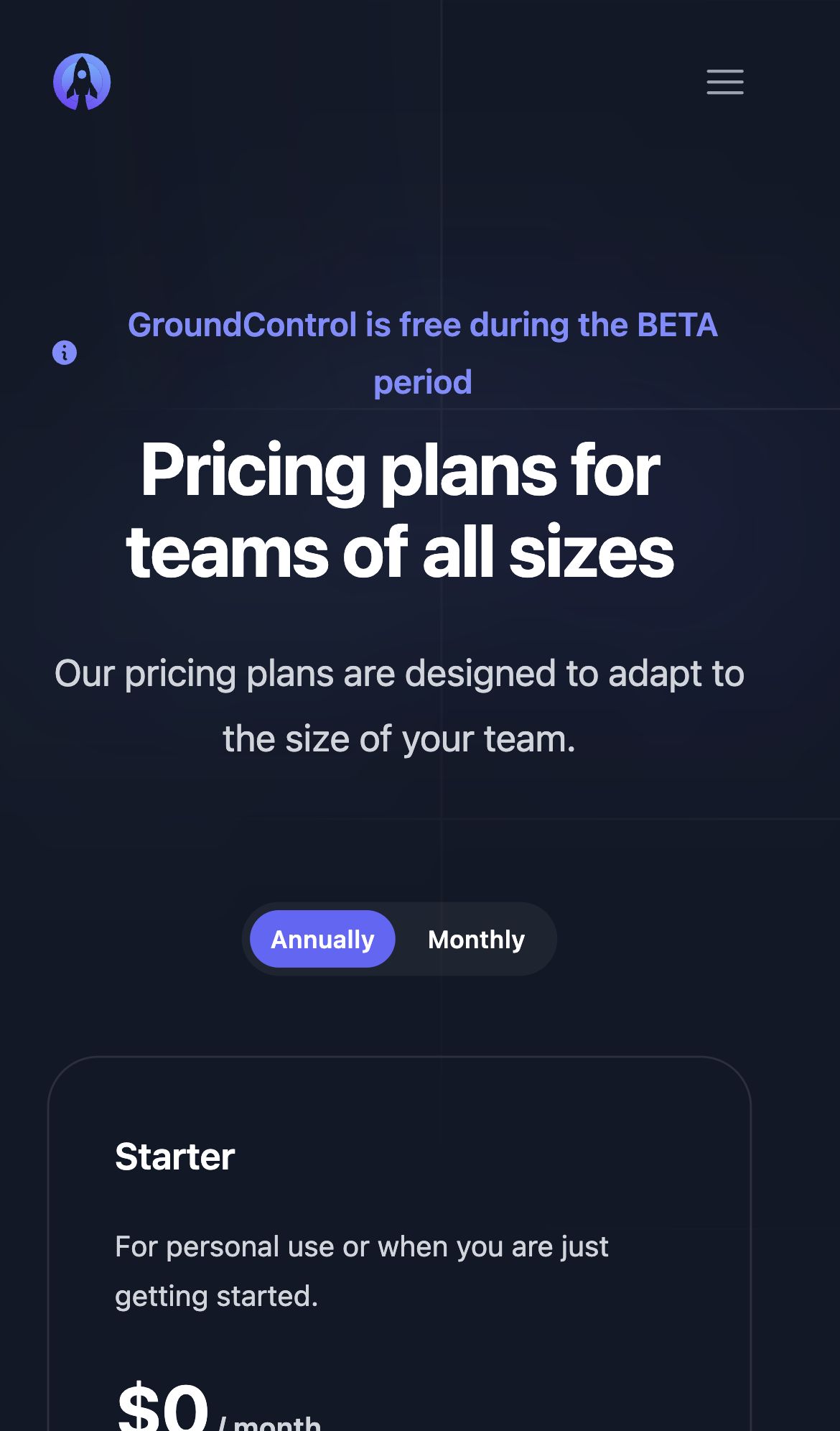 groundcontrol pricing interface, mobile dark fold screenshot