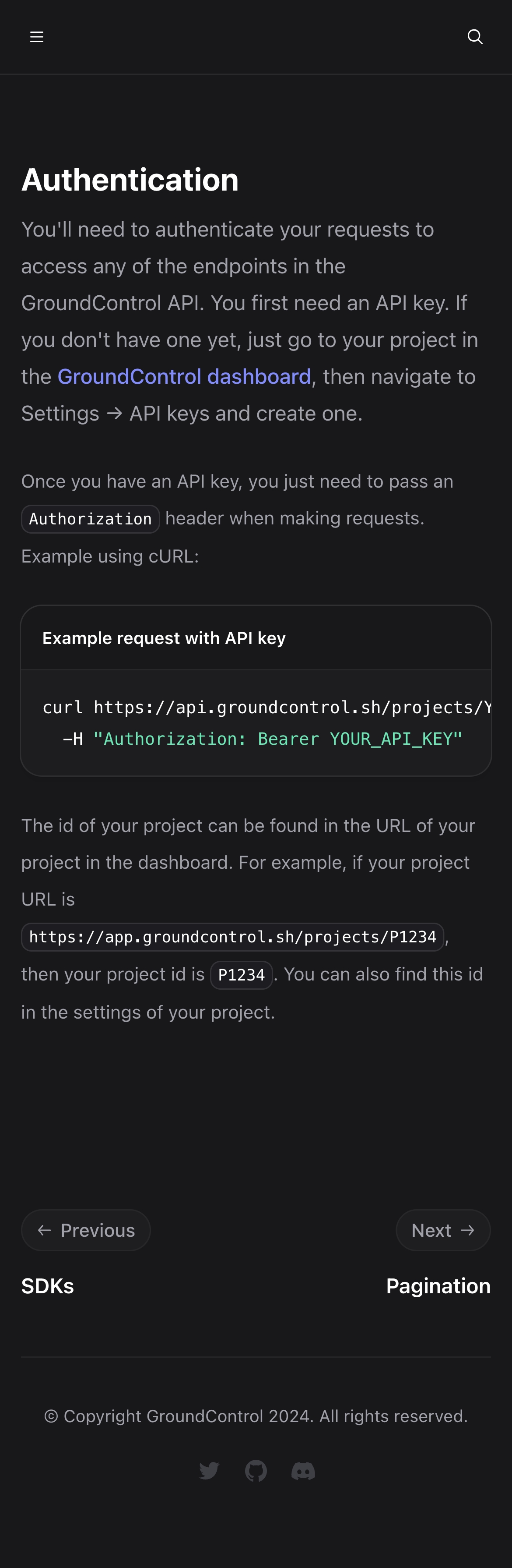 groundcontrol docs authentication interface, mobile dark full screenshot