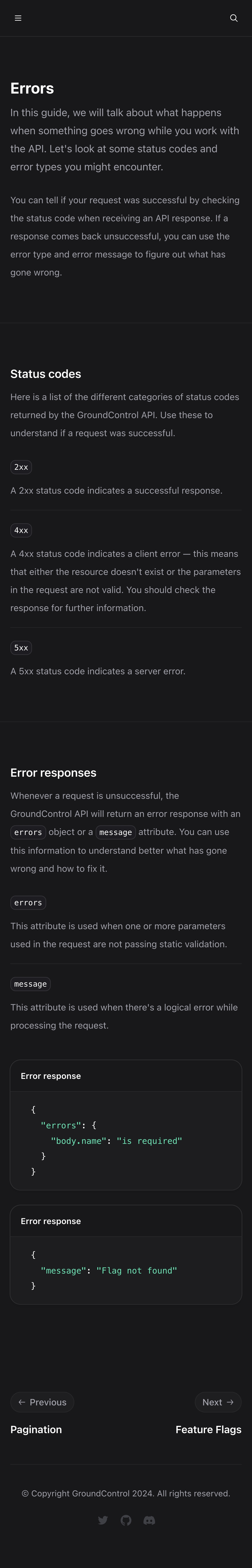 groundcontrol docs errors interface, mobile dark full screenshot